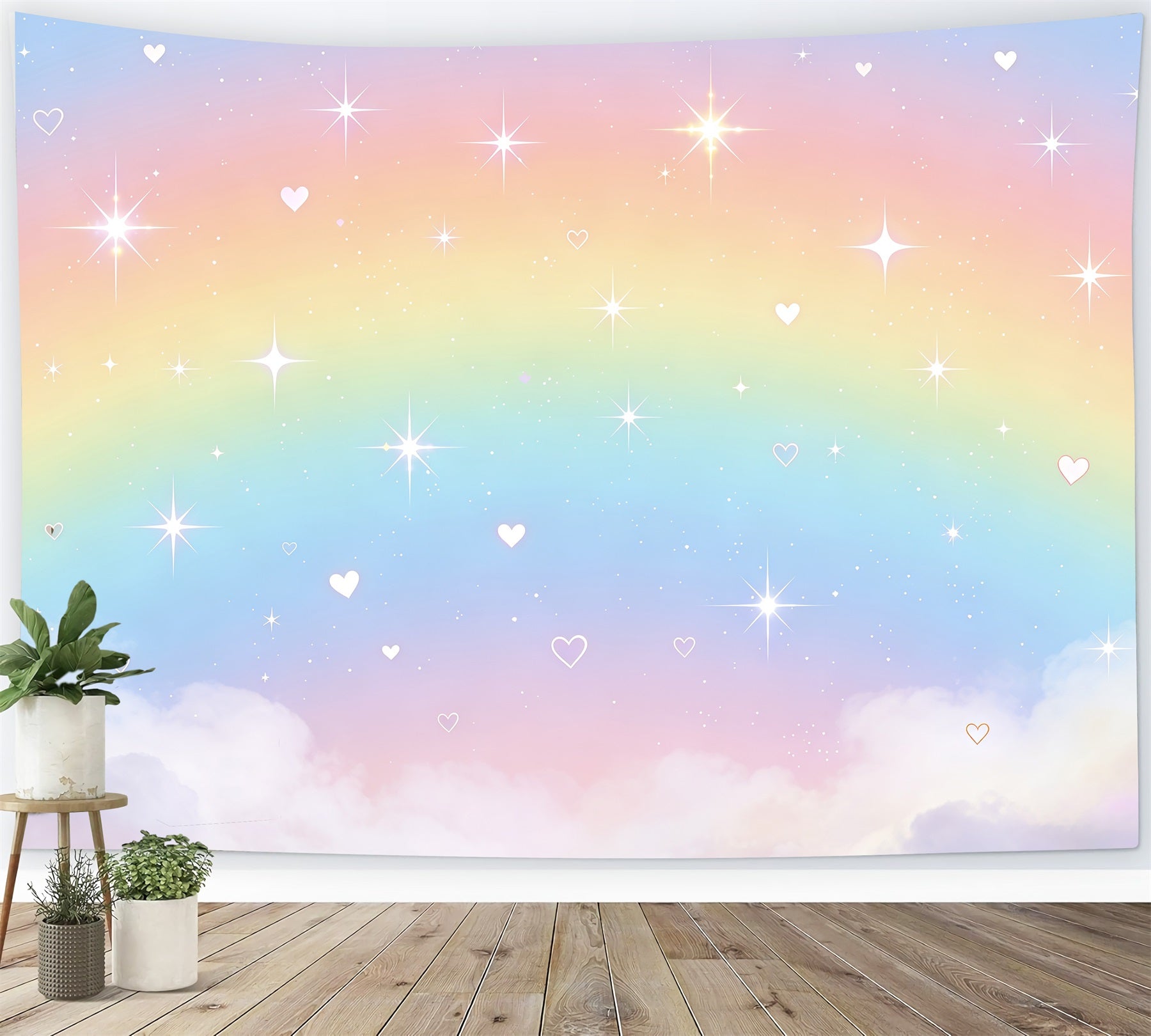 Hintergrund mit Sternenhimmel Pastellfarbener Regenbogen Herzchen-Glitzer Hintergrund für Kinderfotografie CSH62-124