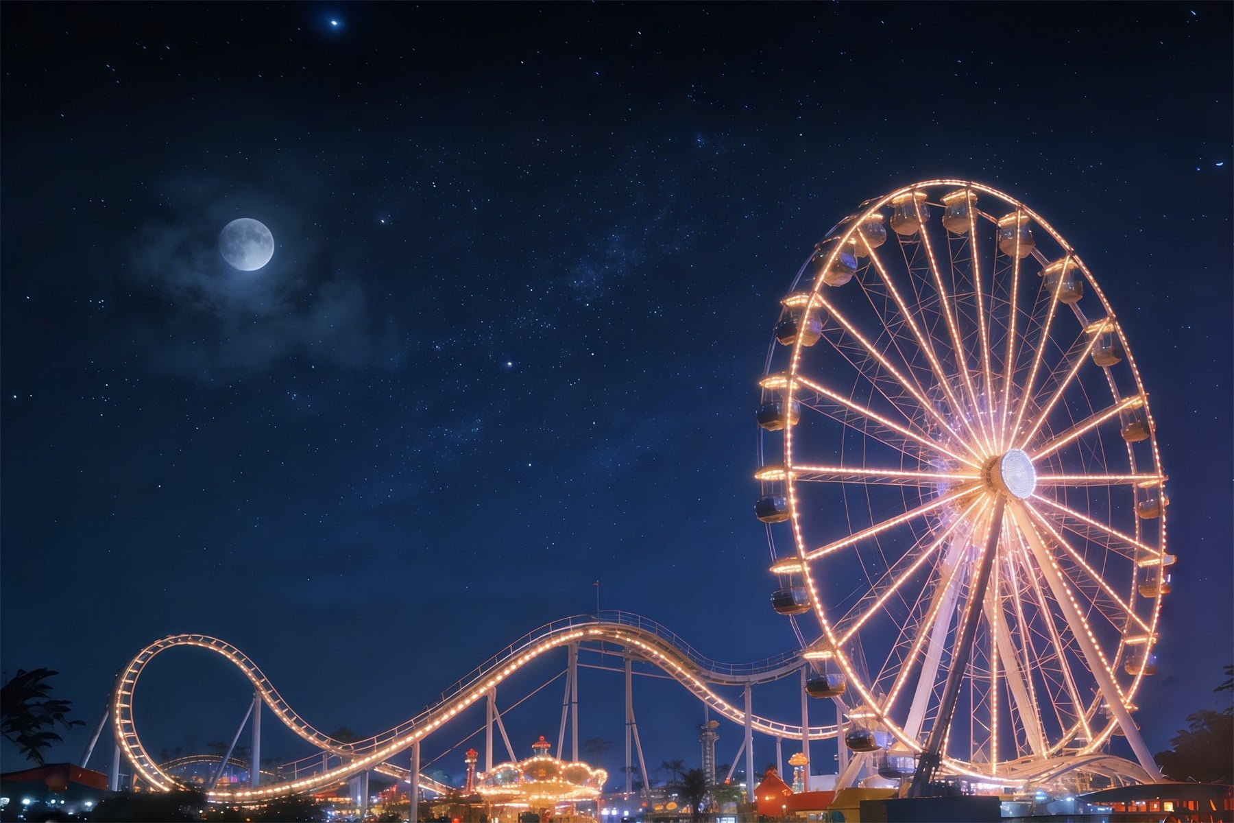 Hintergrund mit Nachthimmel Mondbeschienenes Riesenrad Vergnügungspark Sternenhimmel-Hintergrund CSH62-129