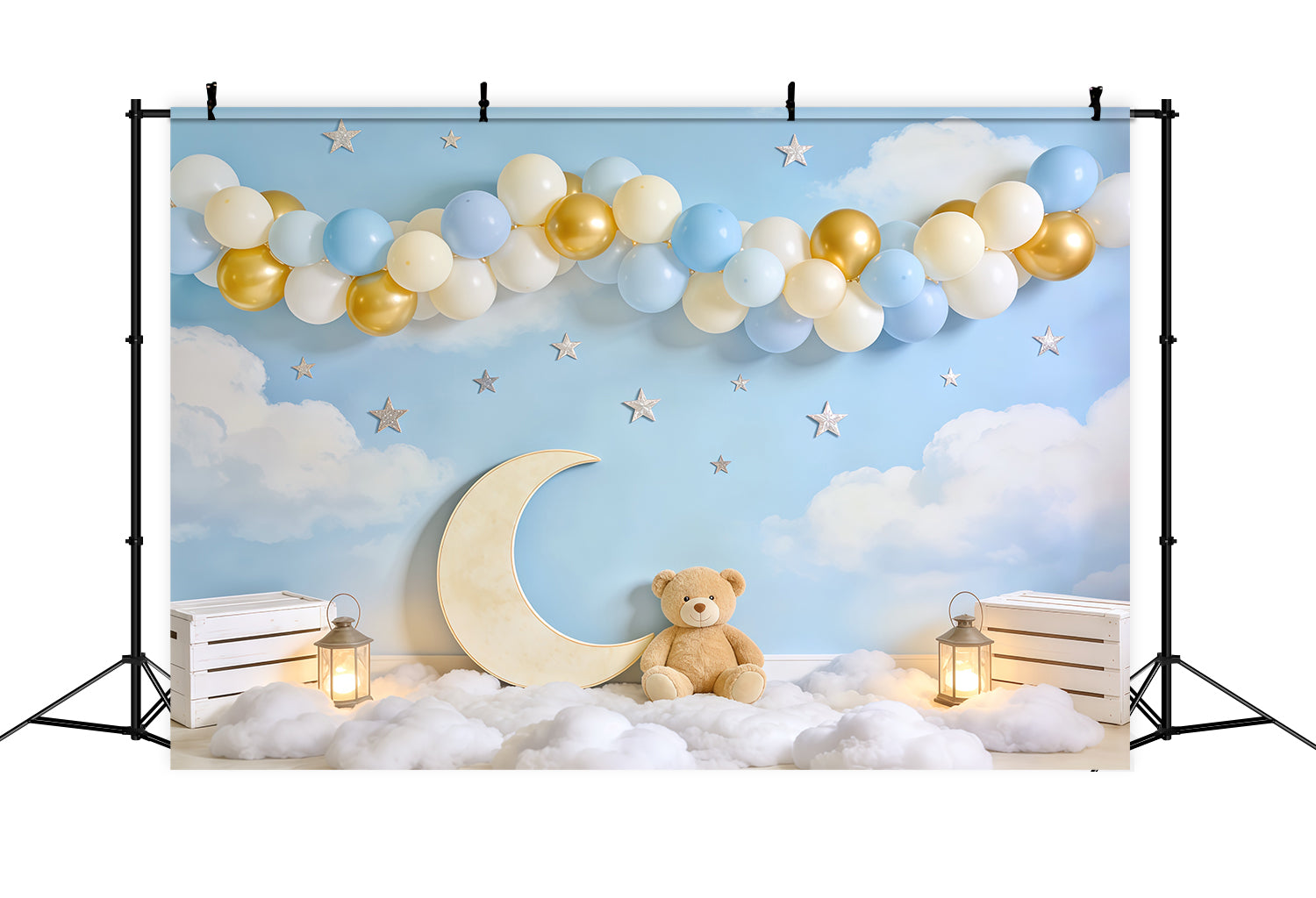 Himmelswolkenhintergrund Mond Teddybär Ballonbogen Neugeborenenhintergrund CSH62-140