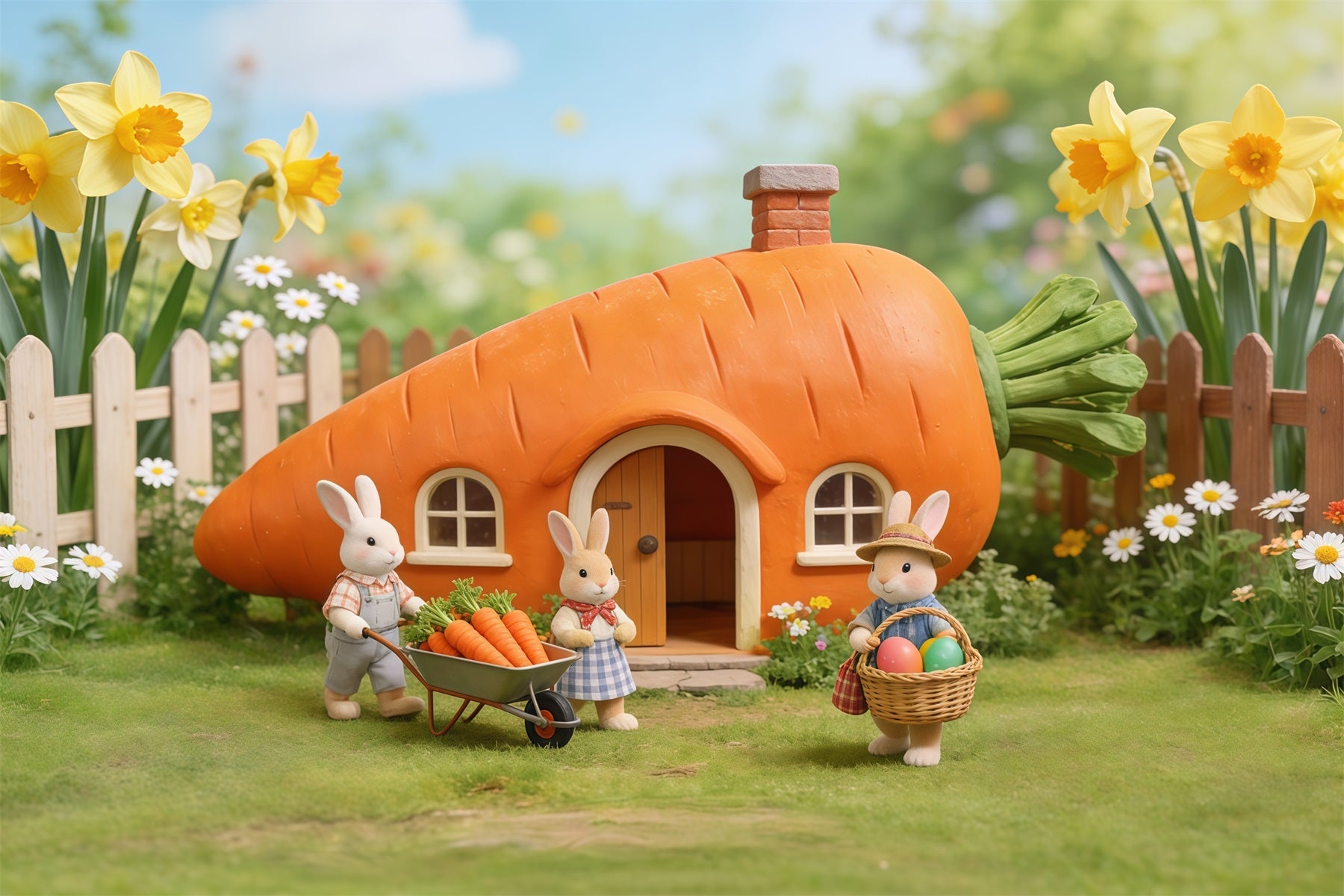 Hintergrund mit Karotten Karottenhaus Kaninchenfamilie Ideen für Ostern-Hintergründe im Freien CSH62-62