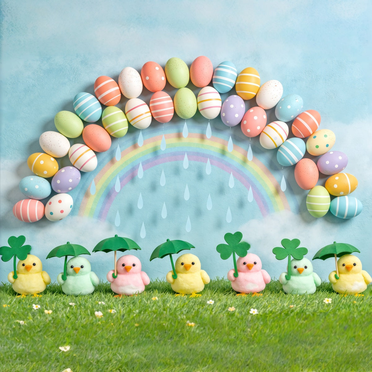 Marshmallow Küken Hintergrund Ei Regenbogen Regenschirm Gänseblümchen Hintergrund Ideen für Ostern Bilder CSH62-66