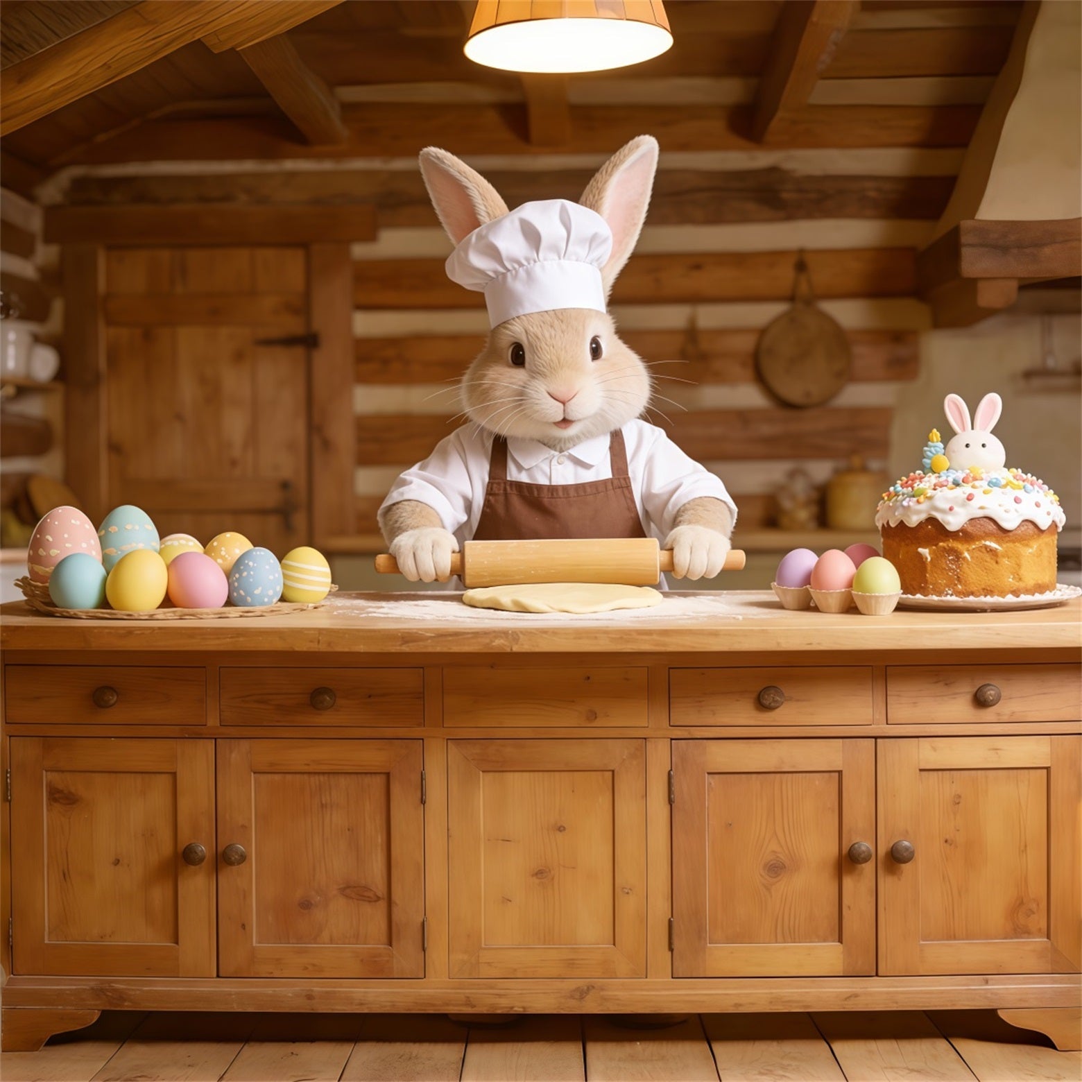 Hintergrund mit Osterhasen, Bäcker, Kaninchen, Kuchen, Küche, einfacher Osterhintergrund CSH62-72