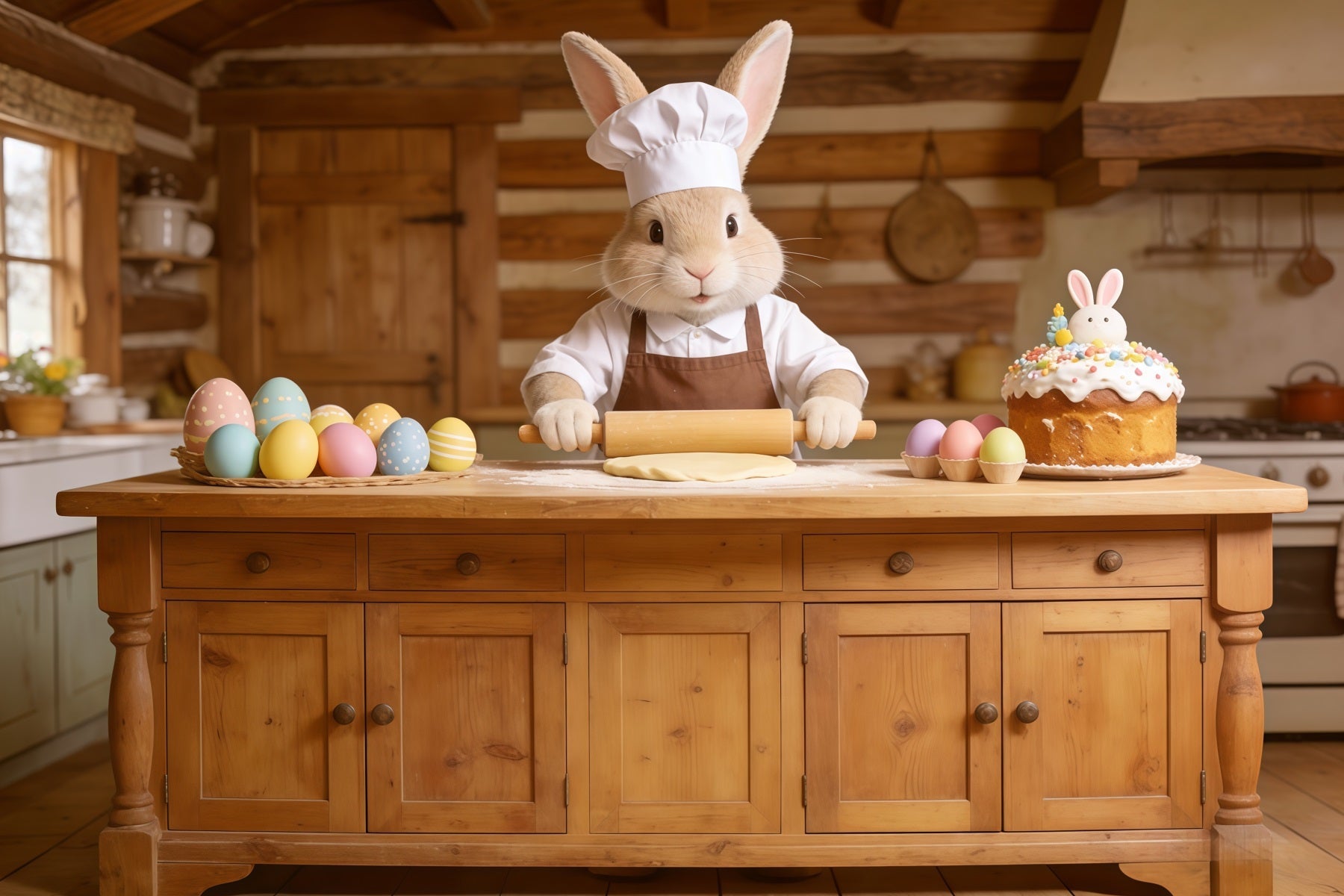 Hintergrund mit Osterhasen, Bäcker, Kaninchen, Kuchen, Küche, einfacher Osterhintergrund CSH62-72