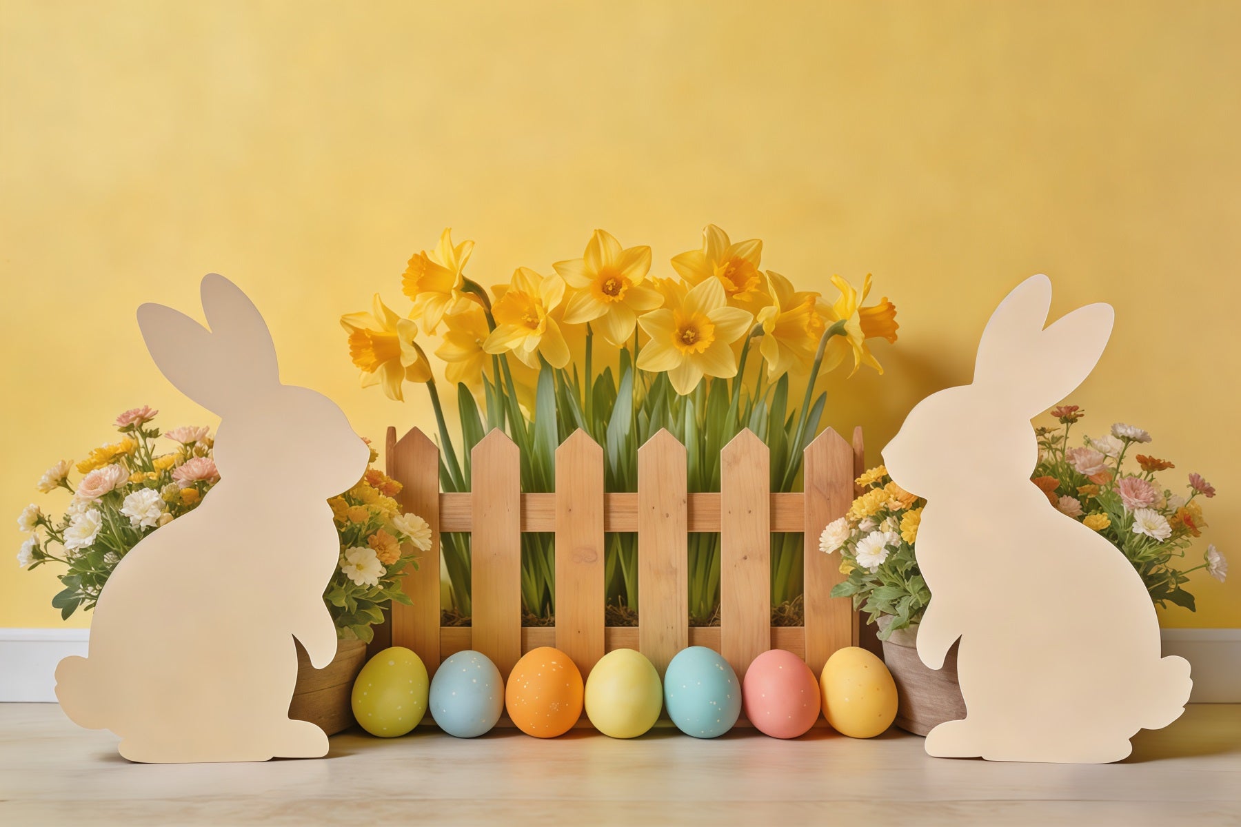 Hintergrund mit Osterhasen-Silhouette, Narzissen, Eiern, Holzzaun, Fotografie, Ideen für Osterhintergründe CSH62-73