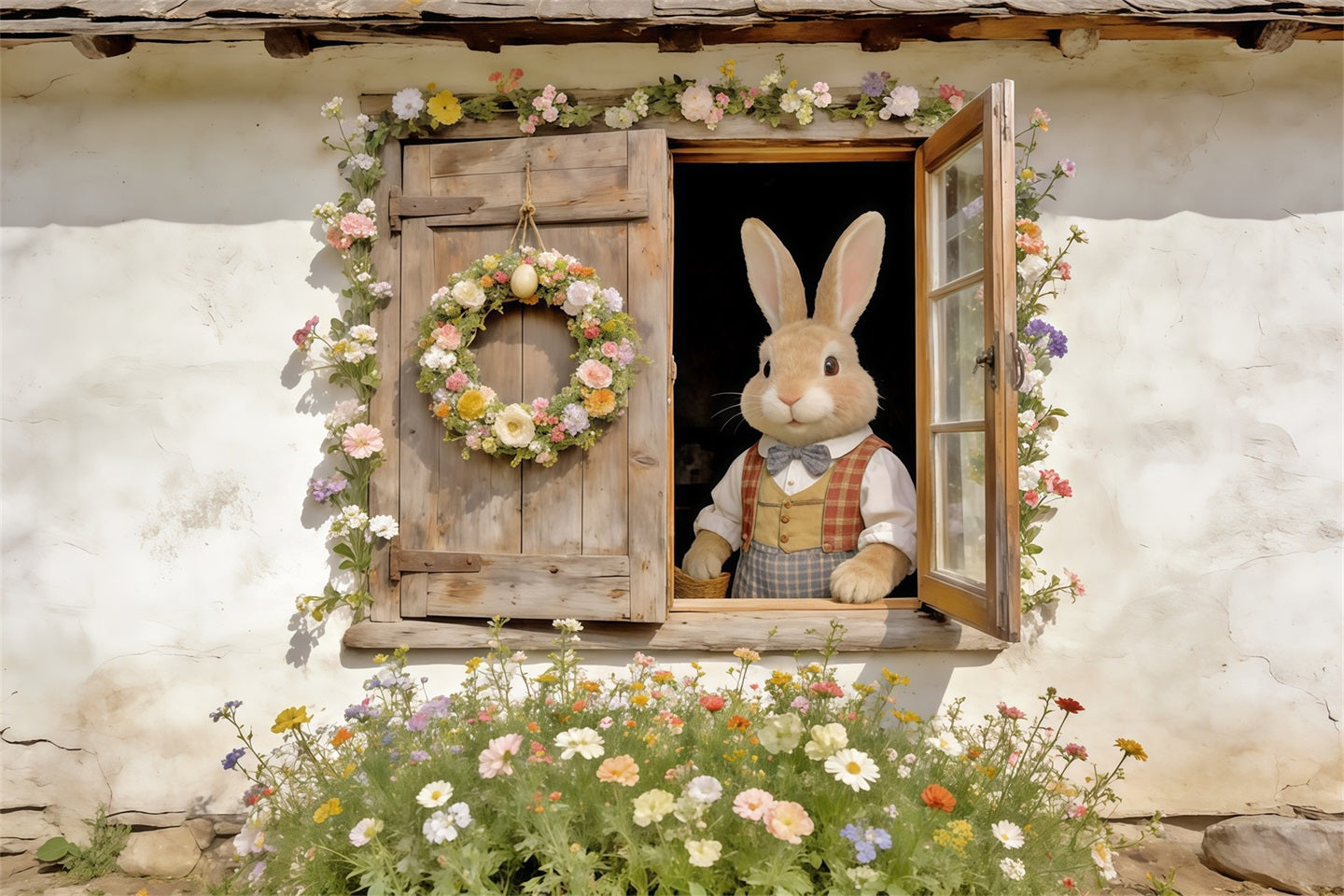 Hintergrund mit Osterkaninchen, Hasenfenster, Blumenkranz, Oster-Spielhintergründe CSH62-74
