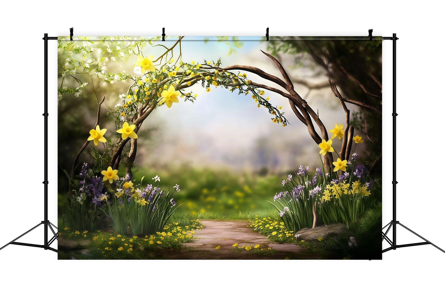 Oster-Narzsen-Hintergrund Zweigbogen Wildblumenblüten Hintergründe für Osteraufführungen CSH62-78