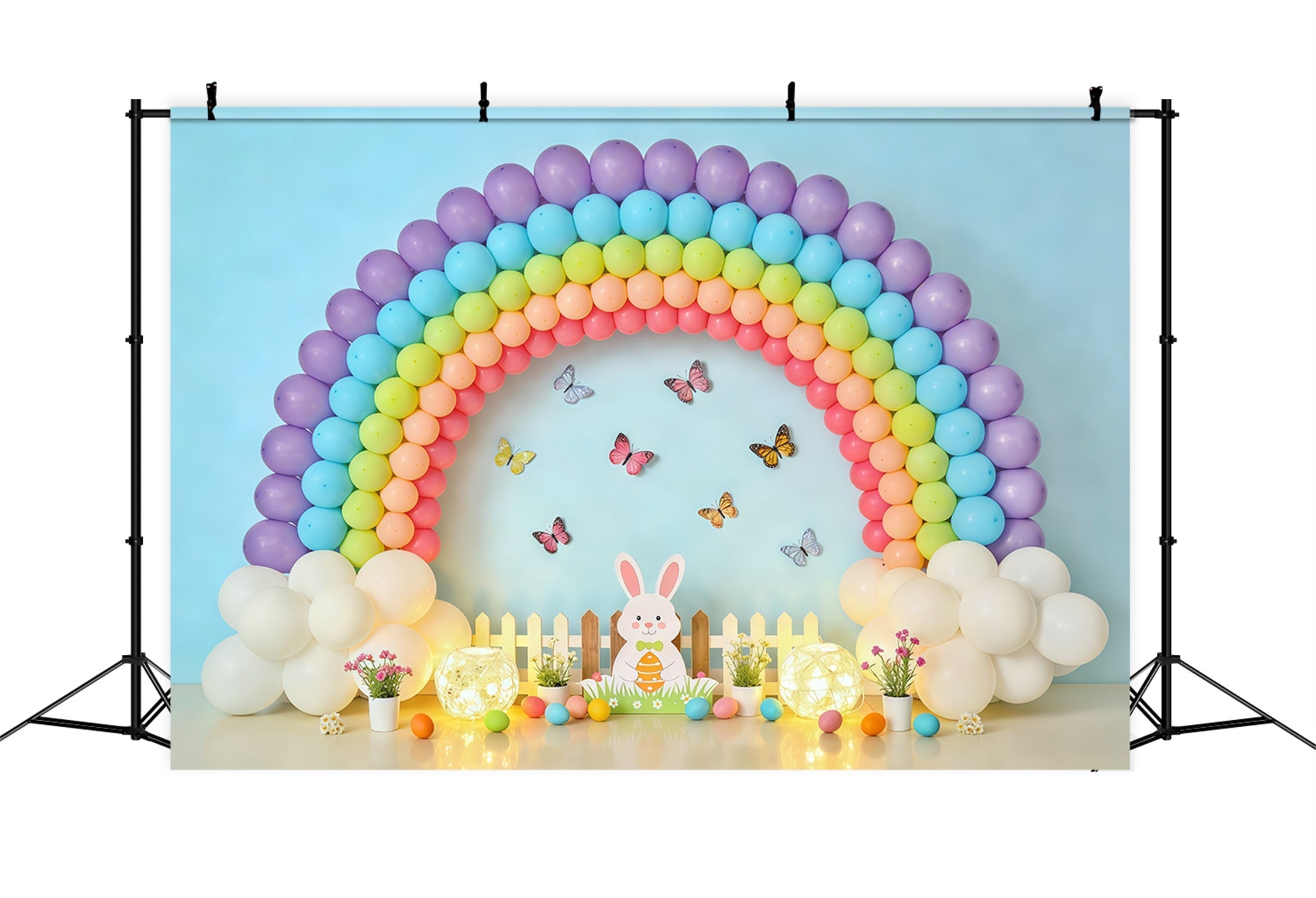 Oster-Schmetterlings-Hintergrund Ballon Regenbogen Hase Zaun Fotografie-Hintergründe für Ostern CSH62-80