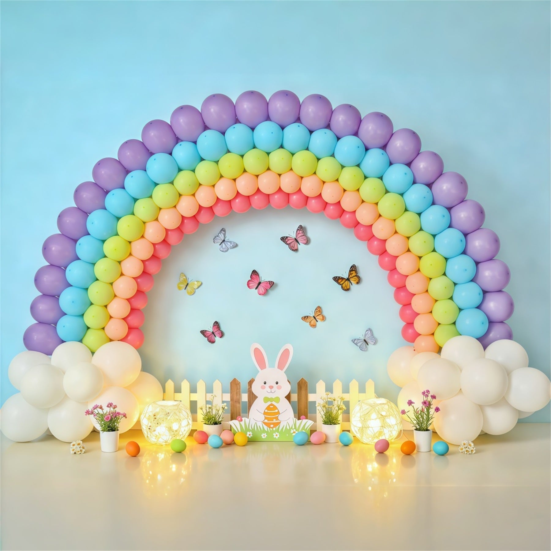 Oster-Schmetterlings-Hintergrund Ballon Regenbogen Hase Zaun Fotografie-Hintergründe für Ostern CSH62-80