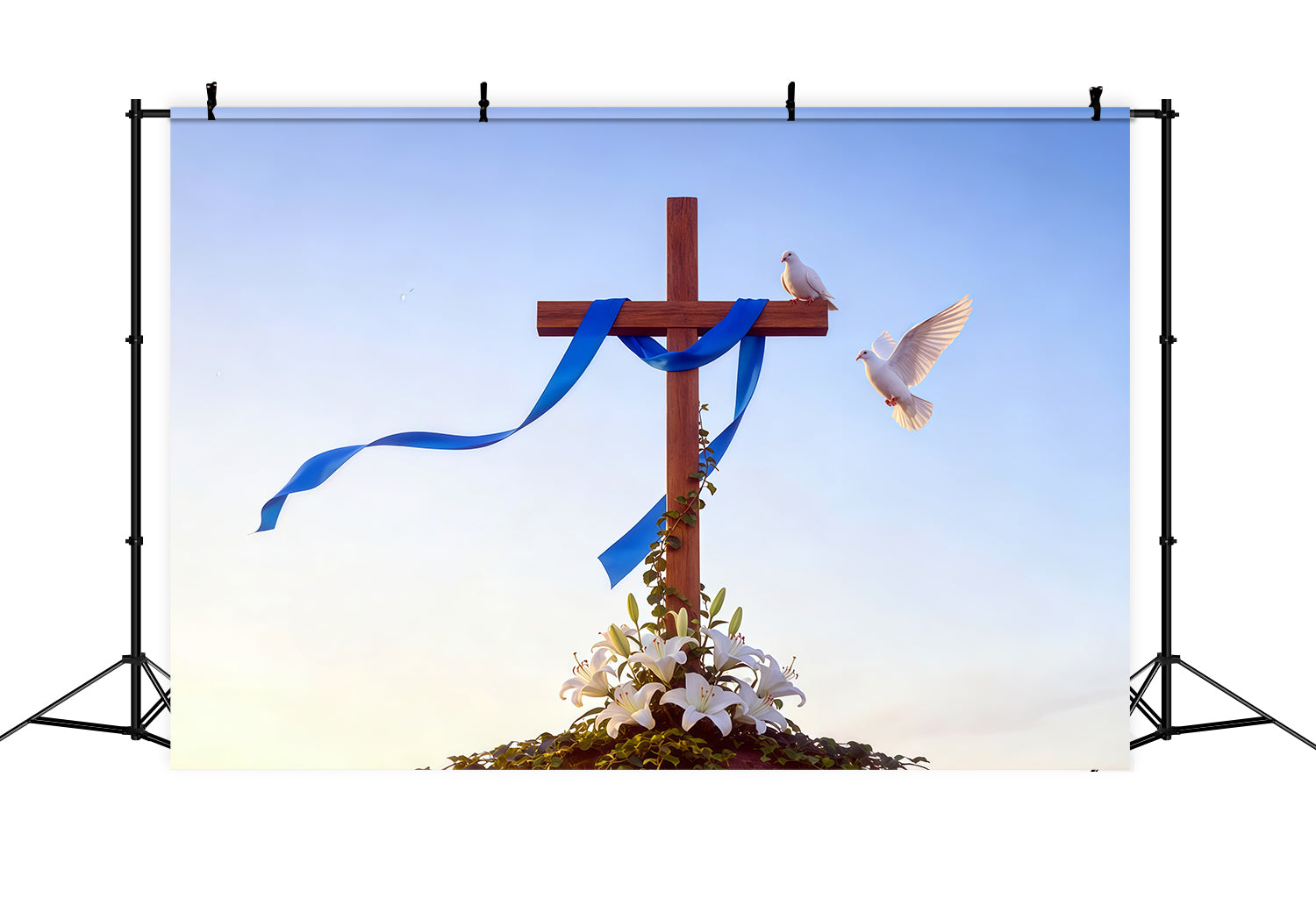 Osterkreuz-Hintergrund Lilien Tauben Blaues Band Einfacher Oster-Fotohintergrund CSH62-82