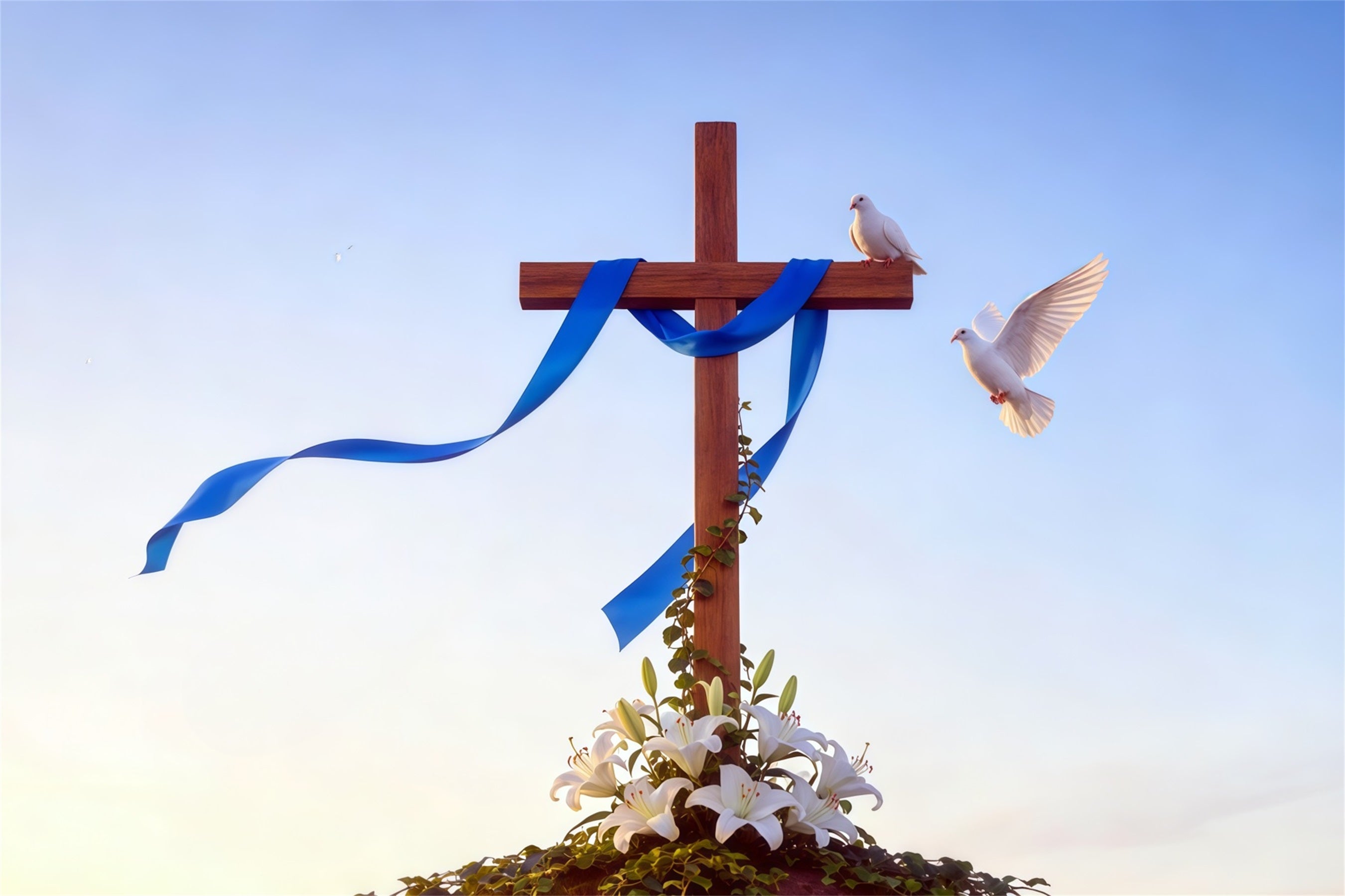Osterkreuz-Hintergrund Lilien Tauben Blaues Band Einfacher Oster-Fotohintergrund CSH62-82