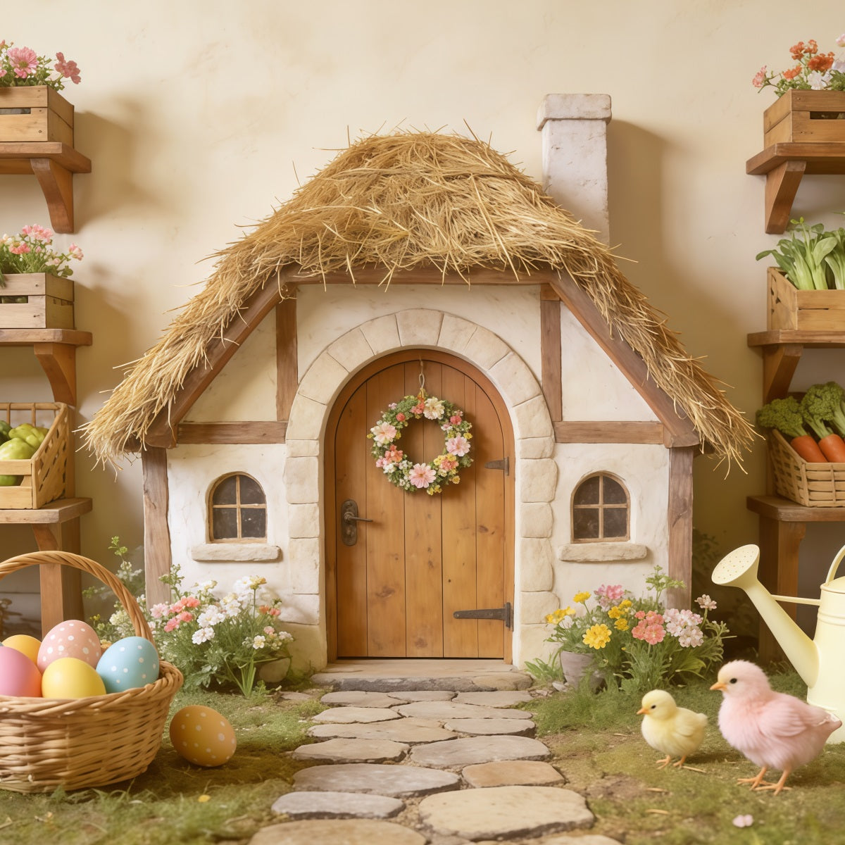 Oster-Marshmallow-Küken-Hintergrund Strohdach-Hütte Eierkorb Oster-Hintergrundbilder Foto CSH62-87