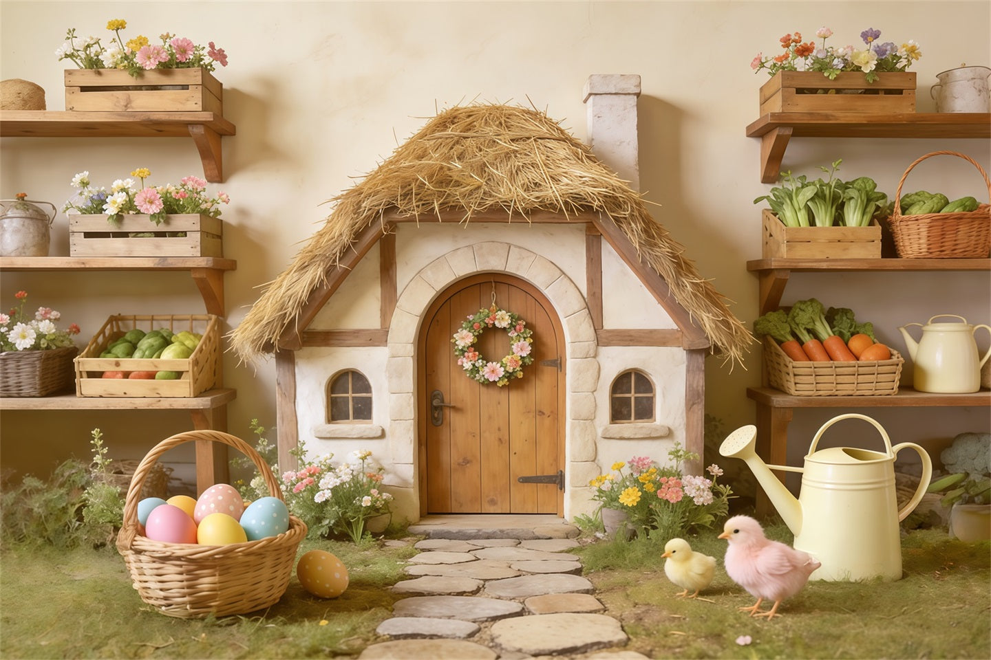 Oster-Marshmallow-Küken-Hintergrund Strohdach-Hütte Eierkorb Oster-Hintergrundbilder Foto CSH62-87