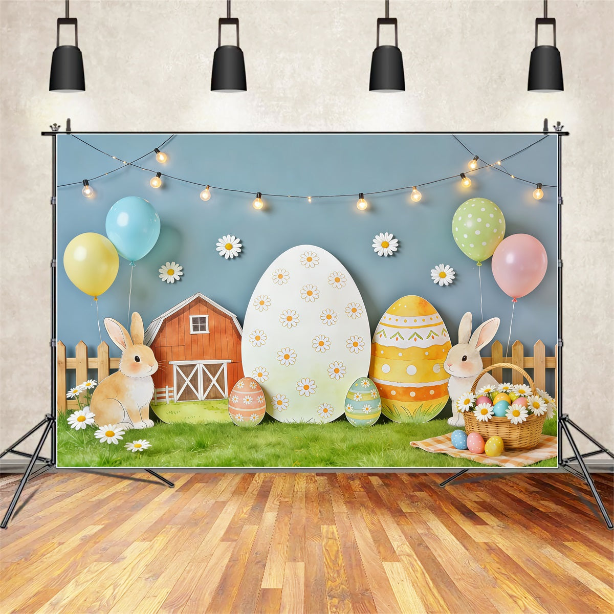 Oster-Hintergrund im rustikalen Stil Bauernhof-Ausschnitt Gänseblümchen-Eier Oster-Hintergrund Beleuchtung & Studio CSH62-88