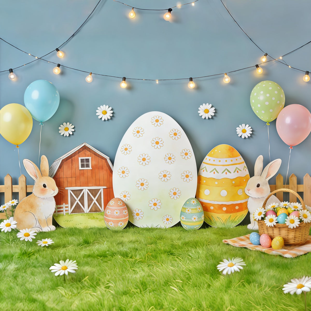 Oster-Hintergrund im rustikalen Stil Bauernhof-Ausschnitt Gänseblümchen-Eier Oster-Hintergrund Beleuchtung & Studio CSH62-88