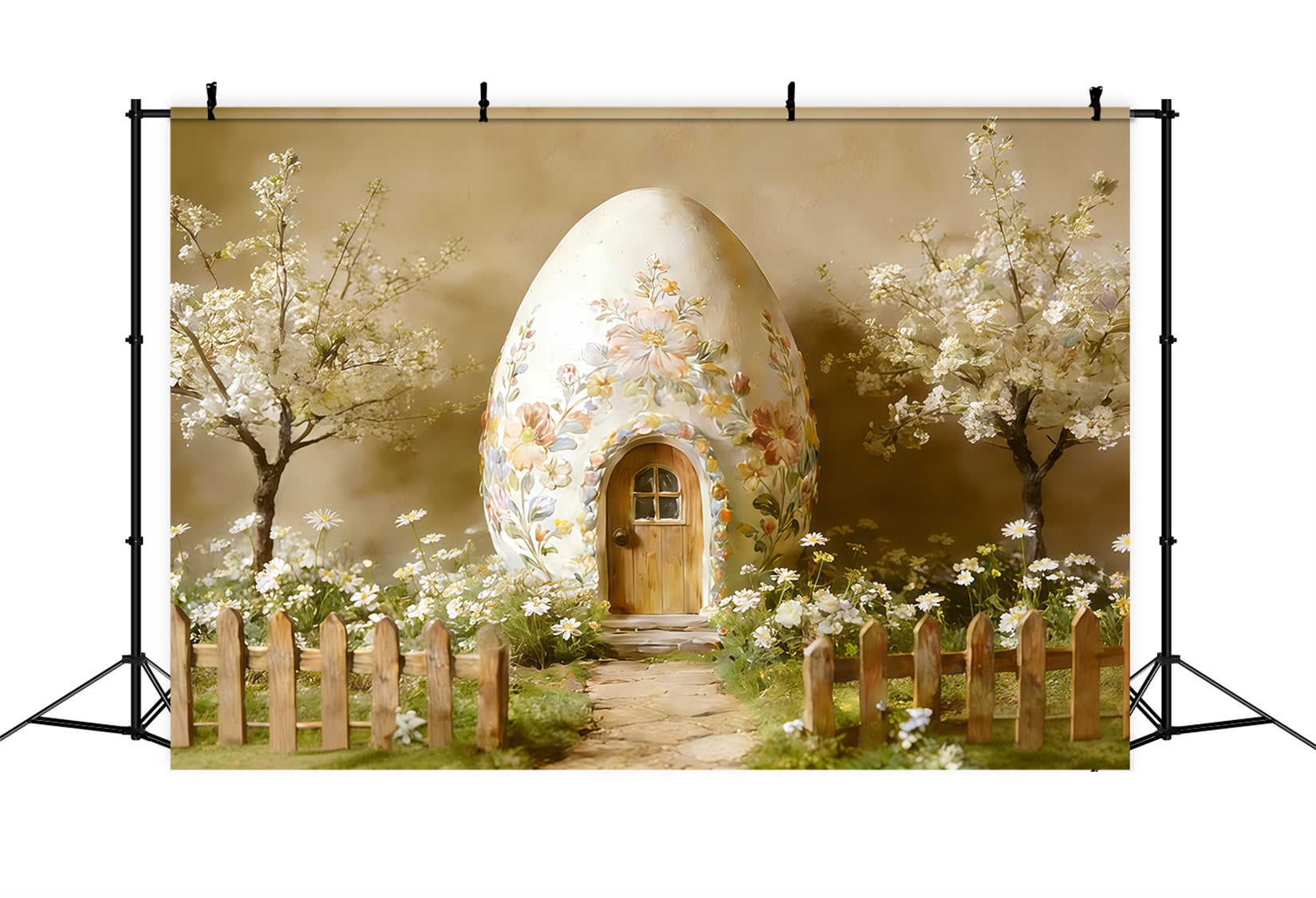 Oster-Hintergrund im Cottage-Garten Stil Blumen-Ei-Haus Blüten Ideen für Oster-Fotografie-Hintergründe CSH62-89