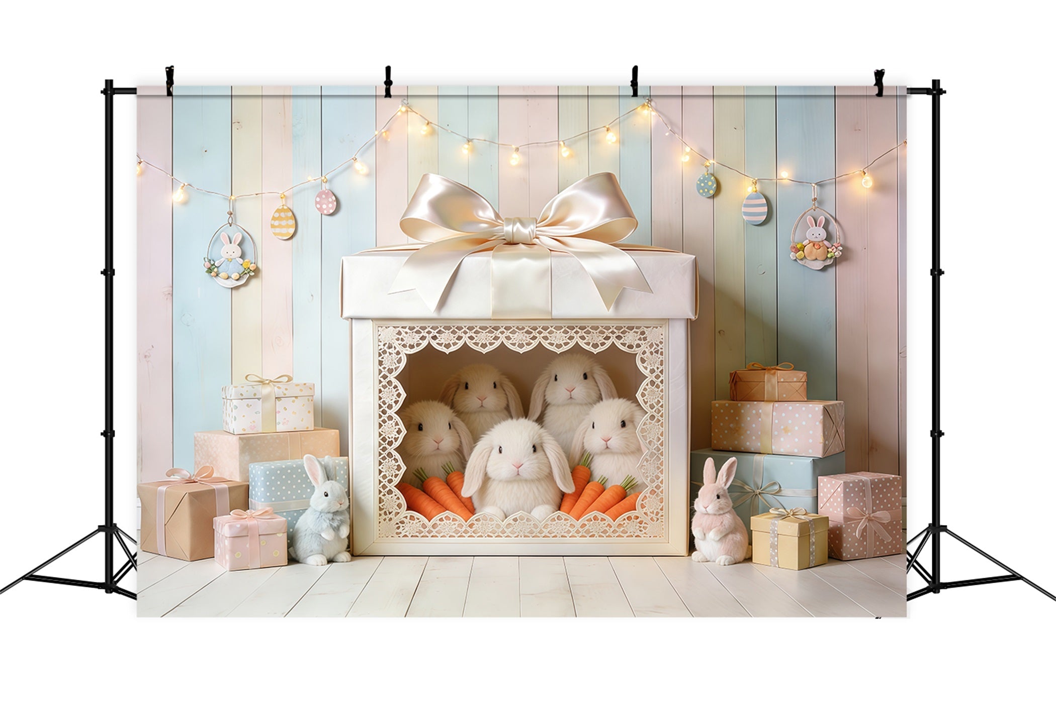 Oster-Hintergrund im niedlichen Stil Geschenkbox Hase Karotten Oster-Hintergrund Fotoshooting CSH62-90
