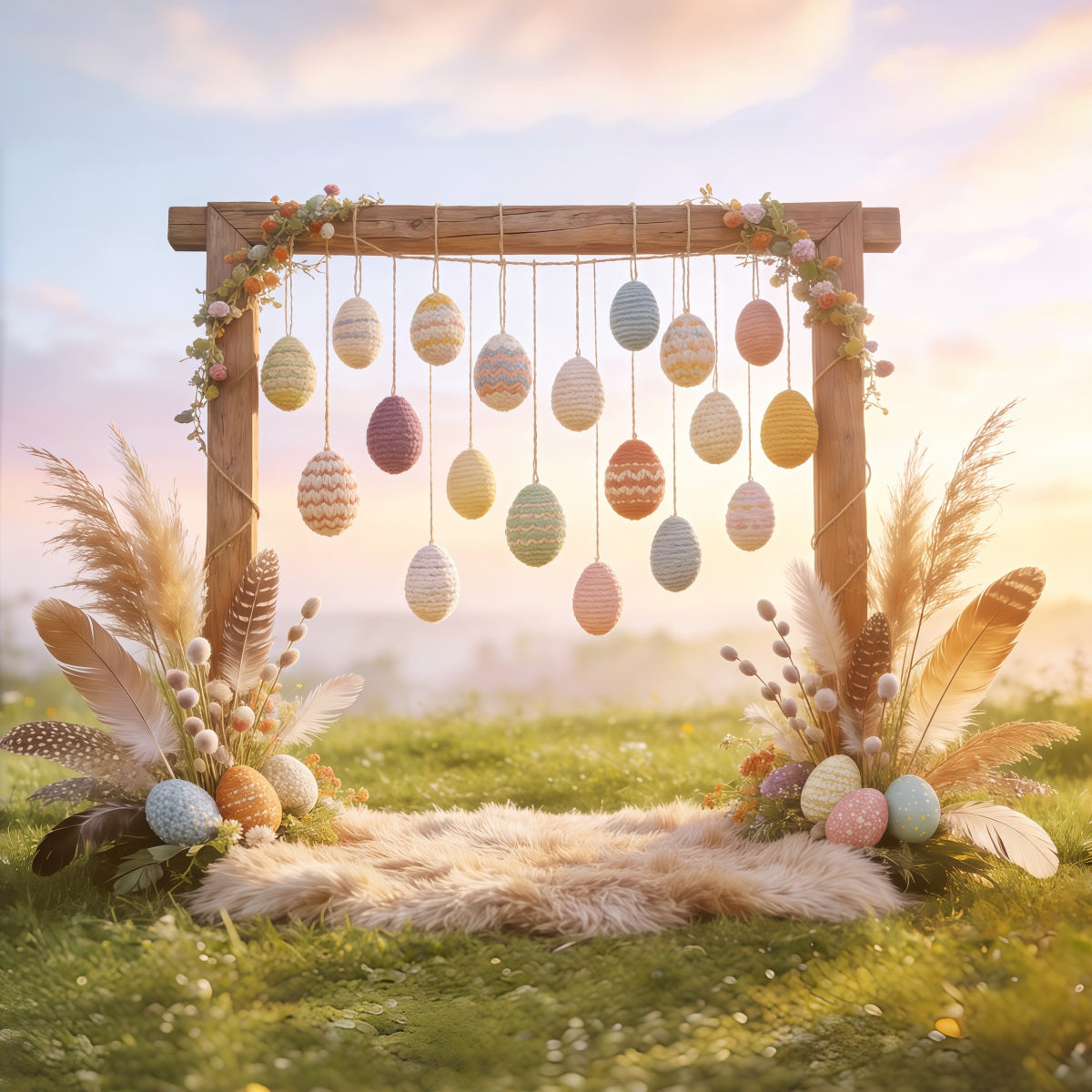 Oster-Boho-Hintergrund Häkel-Ei Feder Heu-Hintergründe für Osterbilder CSH62-93