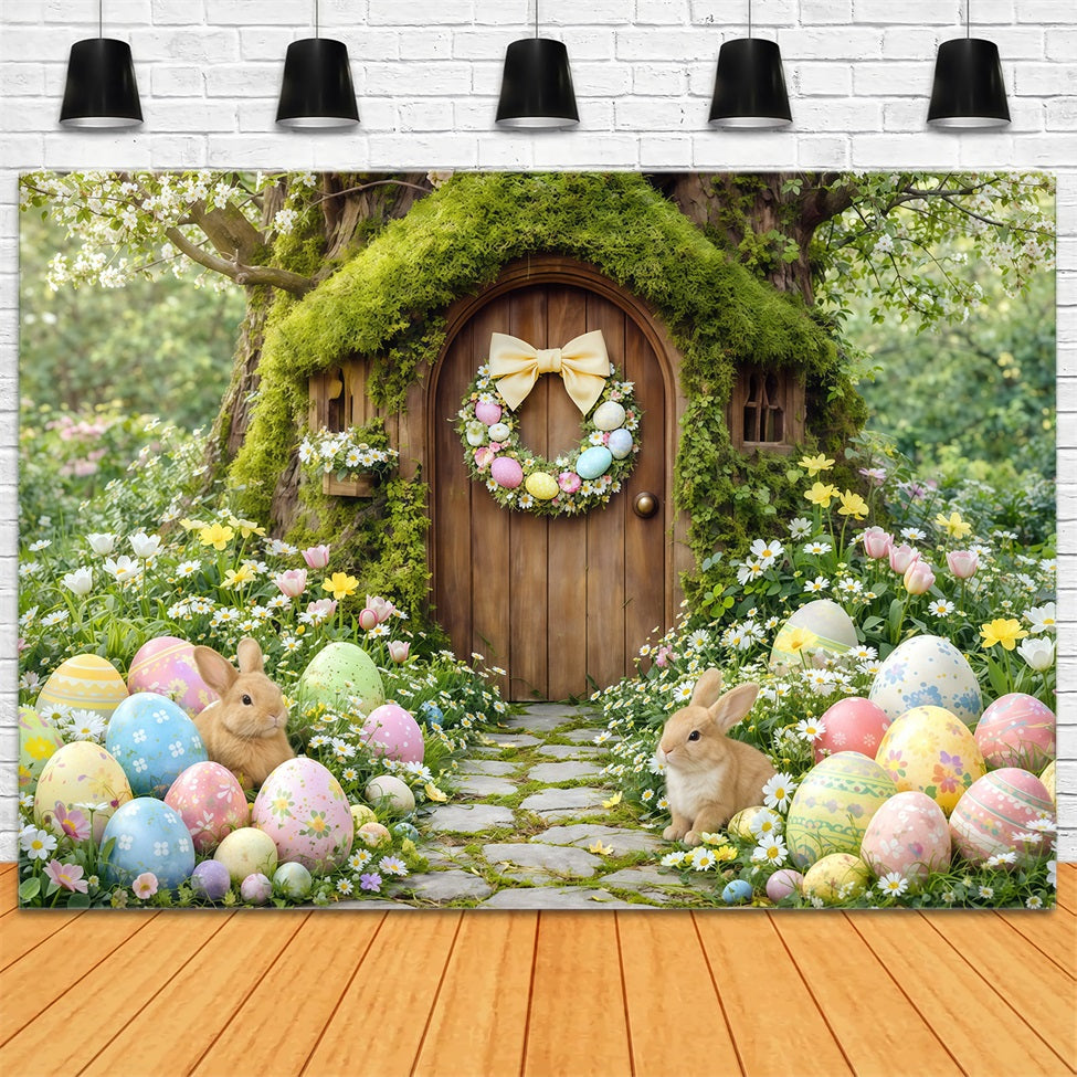 Oster-Waldweg-Hintergrund Wald Hase Cottage Bemalte Eier Frohe Ostern-Hintergrund CSH63-12