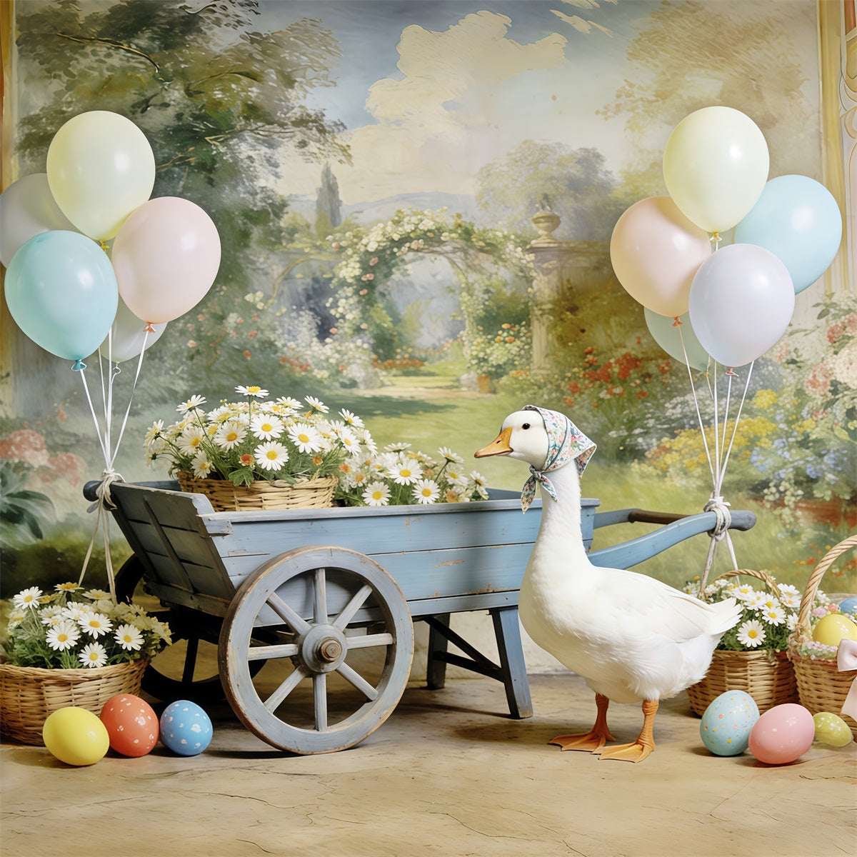 Oster-Gänseblümchen-Hintergrund Ente Pastellballons Ei Oster-Hintergrund für Fotos CSH63-15
