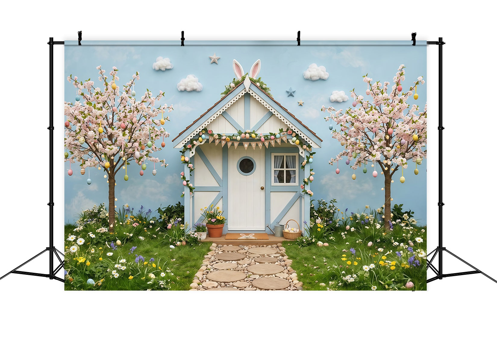 Oster-Kirschblütenhintergrund Frühlingshase Cottage Bäume Oster-Fotohintergrund CSH63-2