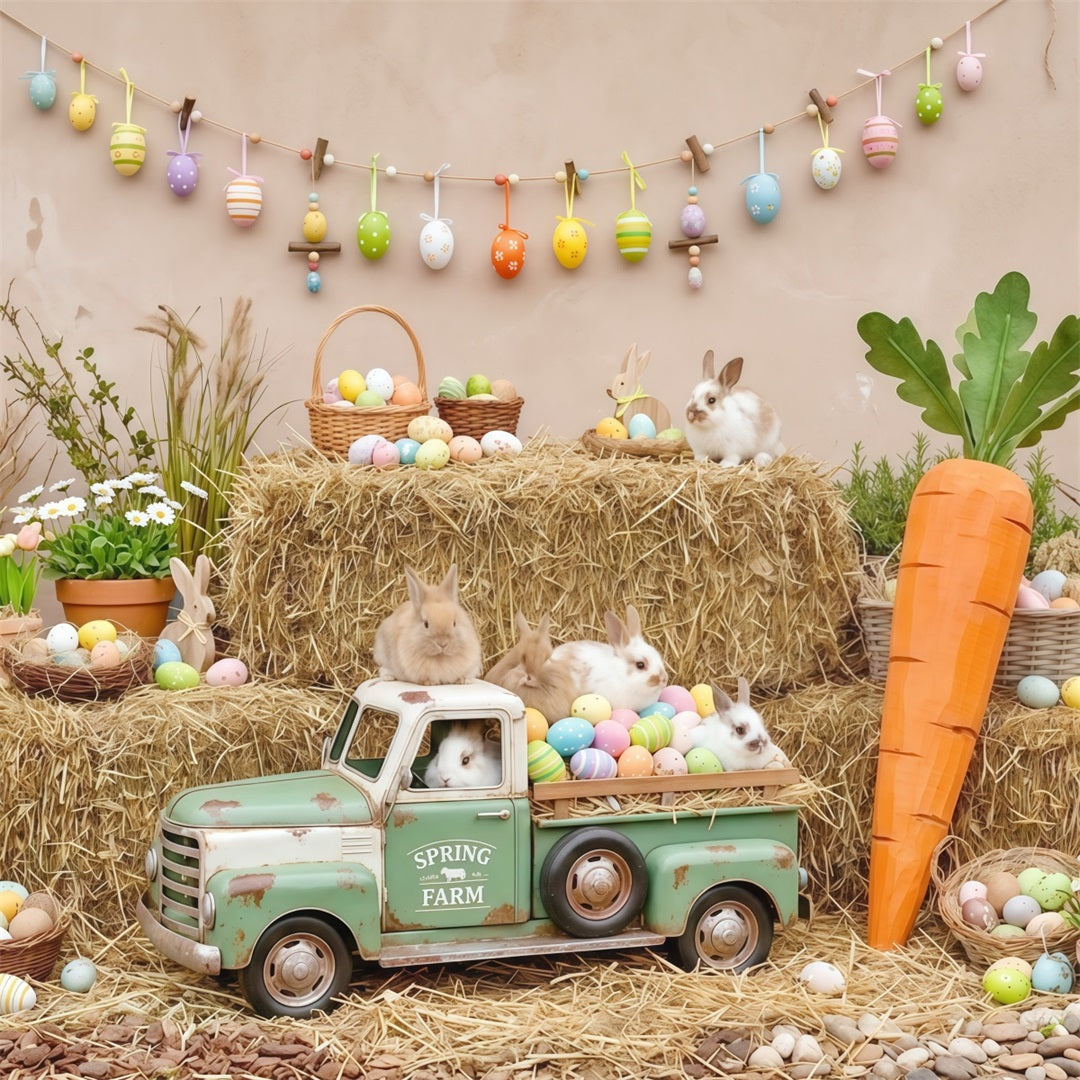 Osterkarotten-Hintergrund Rustikaler Bauernhof Hasen-LKW Heu Eier Foto-Hintergrund Ostern CSH63-23