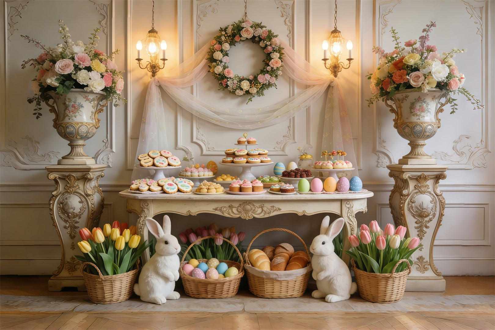 Oster-Desserttisch-Hintergrund Elegante Tulpenblumen Hasenkörbe Oster-Hintergrund für draußen CSH63-27