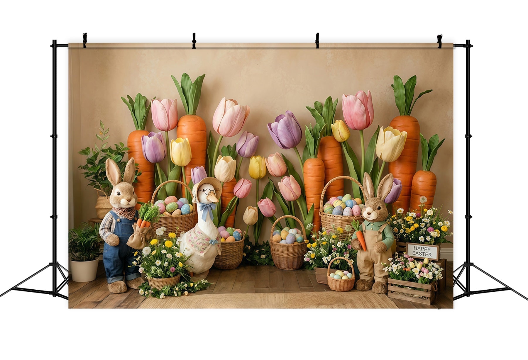 Karottenhintergrund Tulpen Wildblumen Hase Entenei-Korb Osterhintergründe CSH63-3