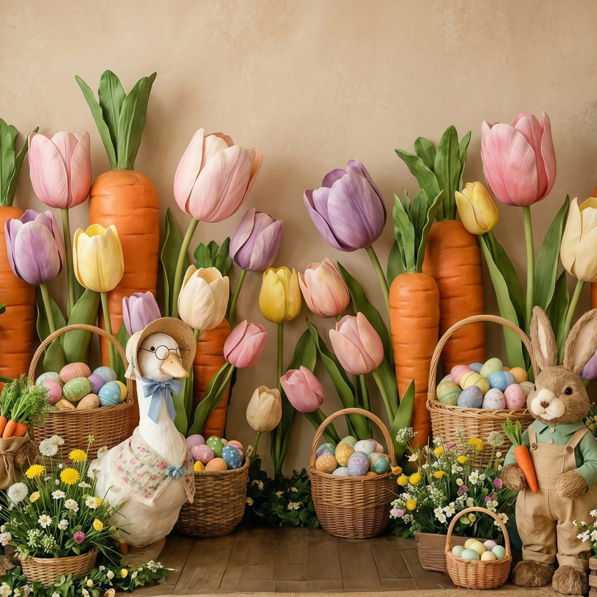 Karottenhintergrund Tulpen Wildblumen Hase Entenei-Korb Osterhintergründe CSH63-3