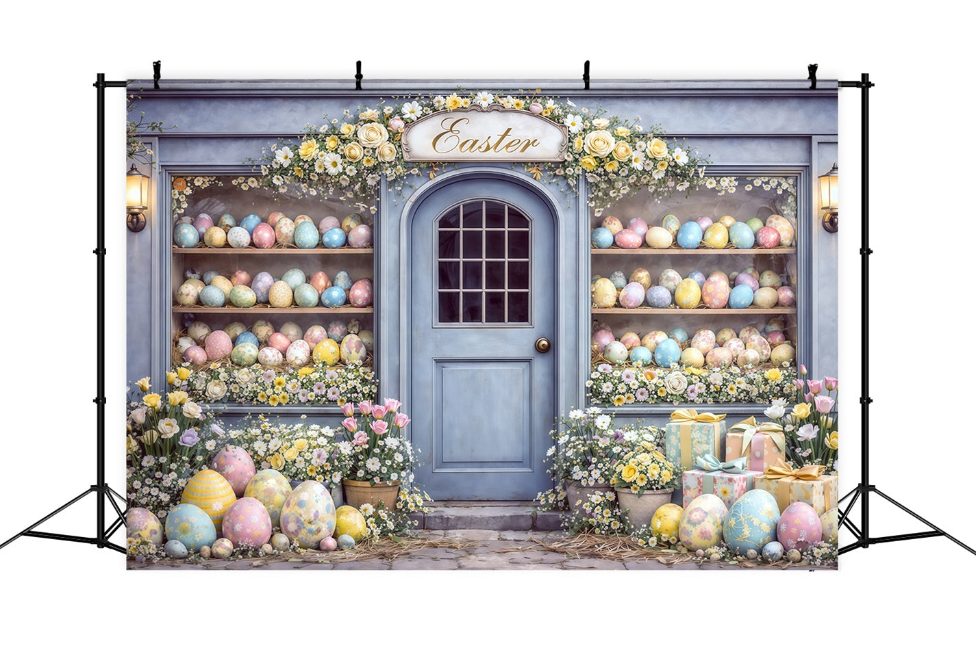Oster-Eier-Hintergrund Blaue Tür Oster-Eier-Shop-Auslage Frohe Ostern Foto-Hintergrund CSH63-33