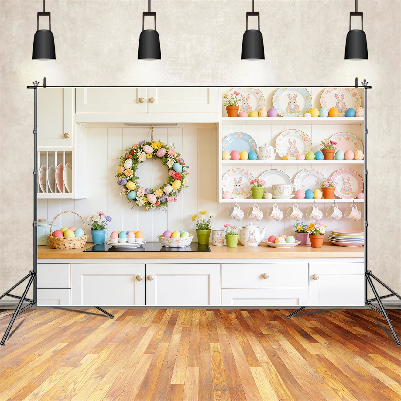 Oster-Dessert-Tisch-Hintergrund Küchengeschirr Pastell-Eier Foto-Hintergründe für Ostern CSH63-35