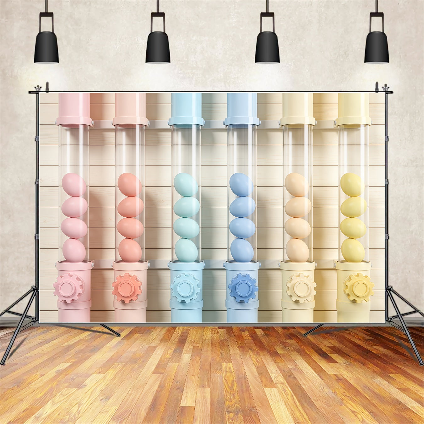 Frohe Ostern-Hintergrund Pastellfarbene Eierröhre Fabrikdisplay Fotografie-Hintergründe Ostern CSH63-37