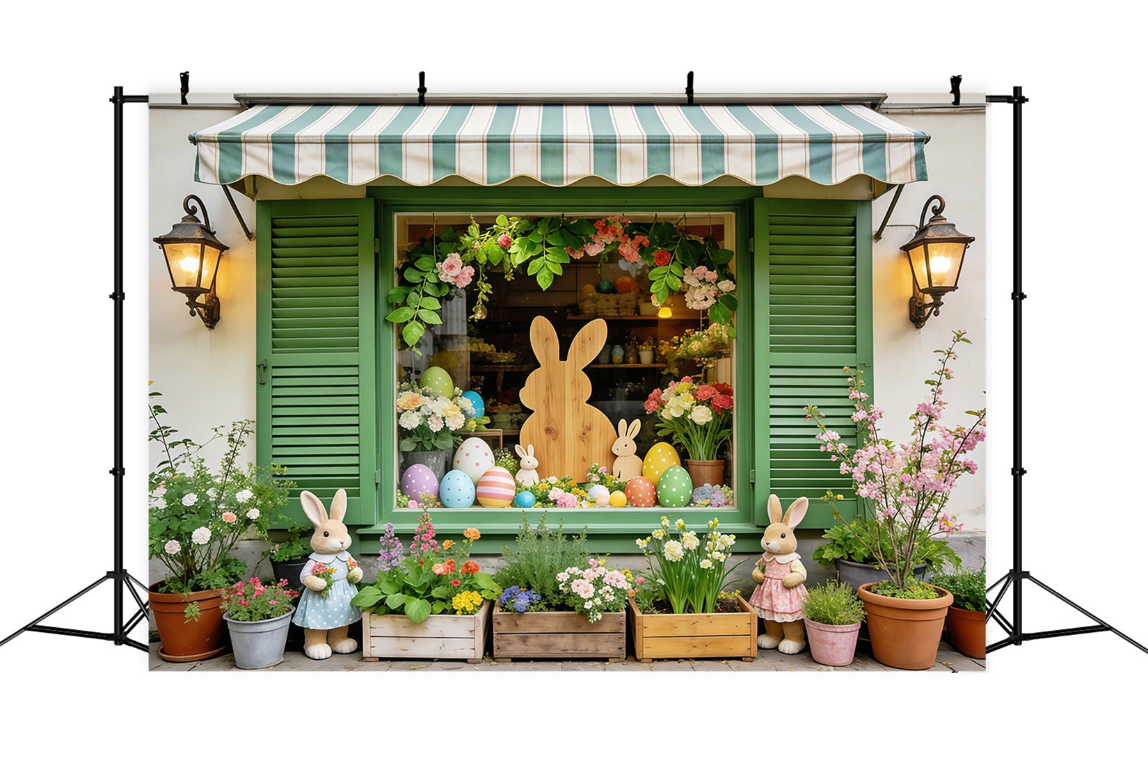 Oster-Hintergrund im europäischen Garten Grünes Fenster Hase Eier Blumen Osterparty-Hintergrund CSH63-38