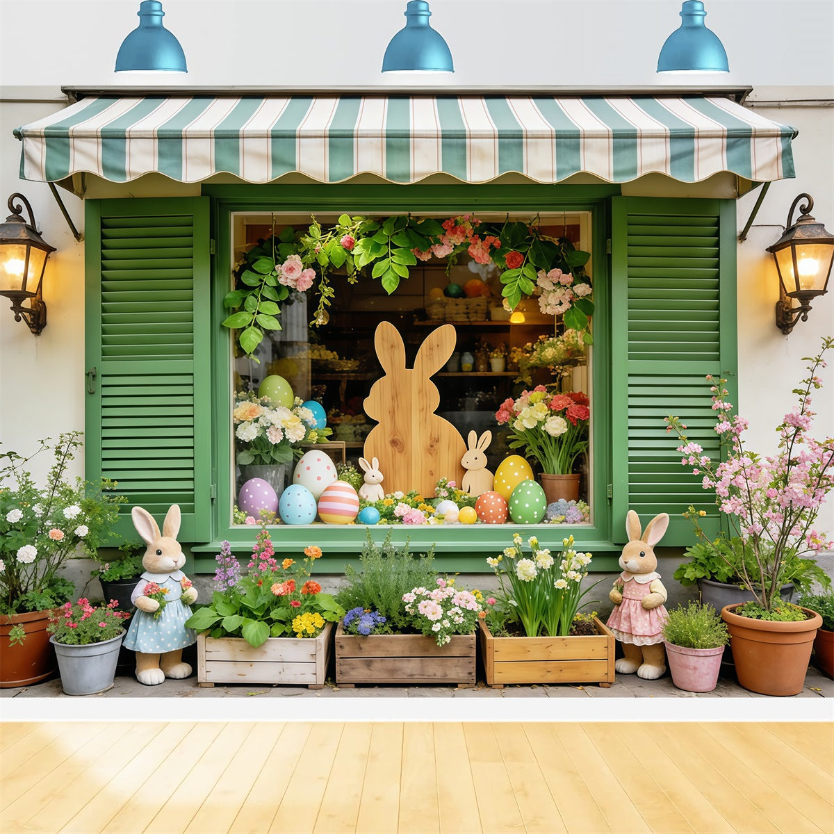 Oster-Hintergrund im europäischen Garten Grünes Fenster Hase Eier Blumen Osterparty-Hintergrund CSH63-38