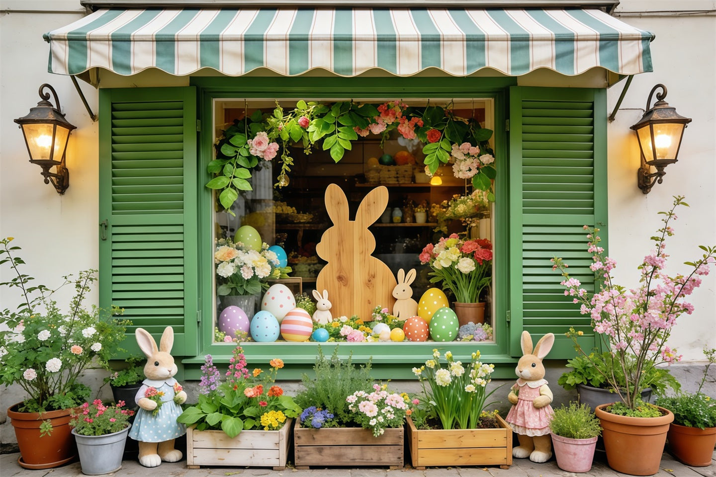 Oster-Hintergrund im europäischen Garten Grünes Fenster Hase Eier Blumen Osterparty-Hintergrund CSH63-38