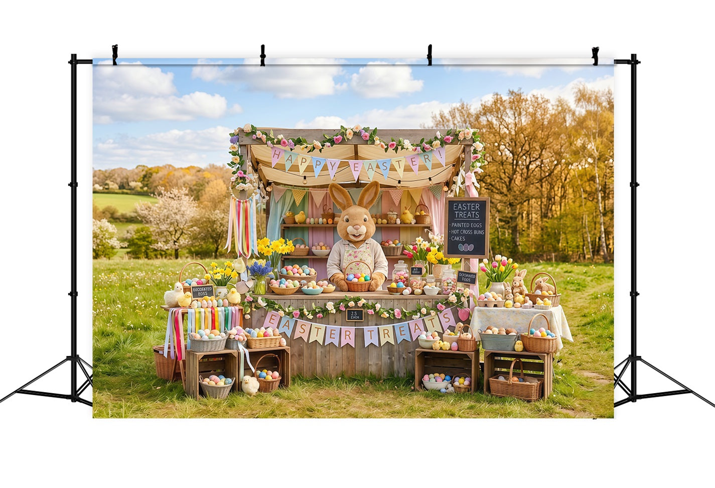 Marshmallow-Küken-Hintergrund Frühlingswiese Hasen-Eierstand Osterhintergrund Foto CSH63-41