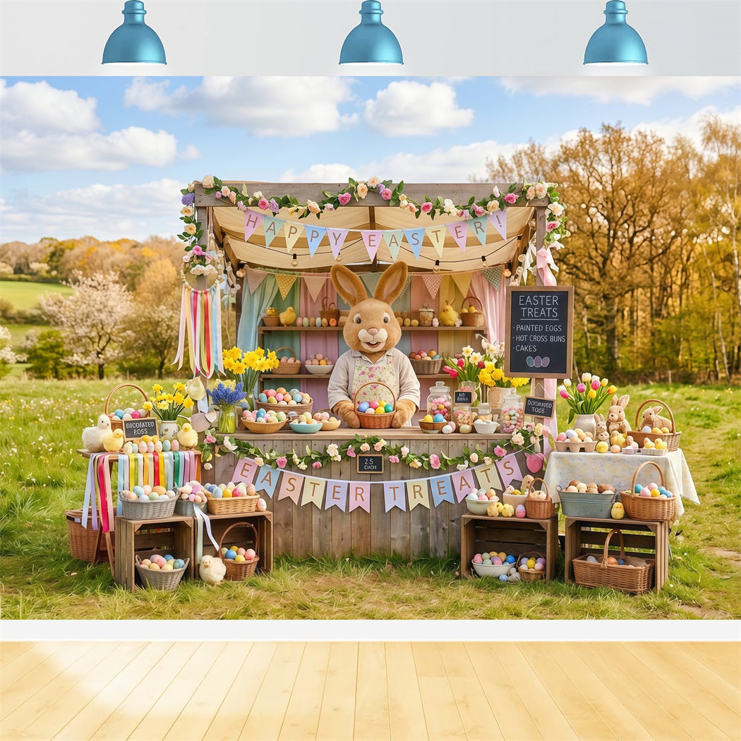 Marshmallow-Küken-Hintergrund Frühlingswiese Hasen-Eierstand Osterhintergrund Foto CSH63-41