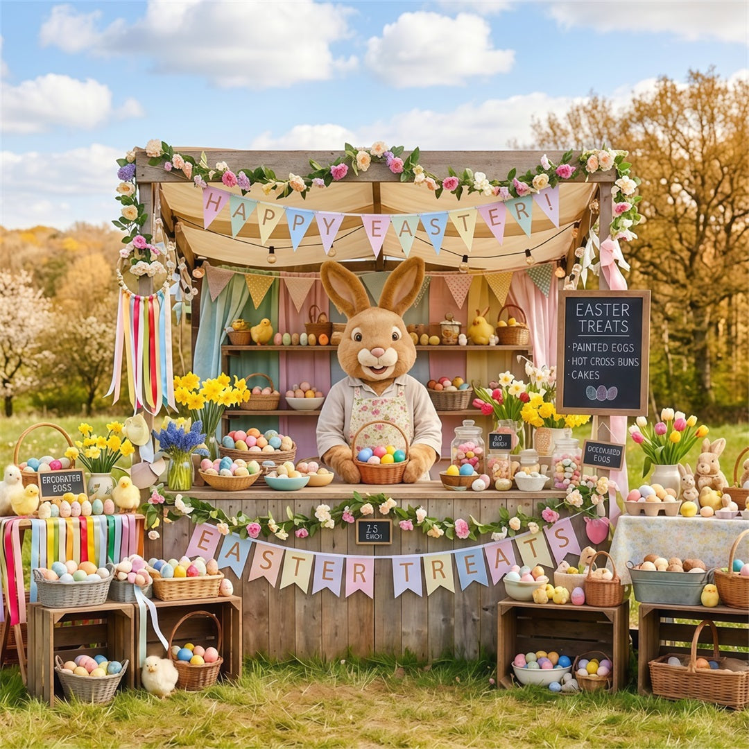 Marshmallow-Küken-Hintergrund Frühlingswiese Hasen-Eierstand Osterhintergrund Foto CSH63-41