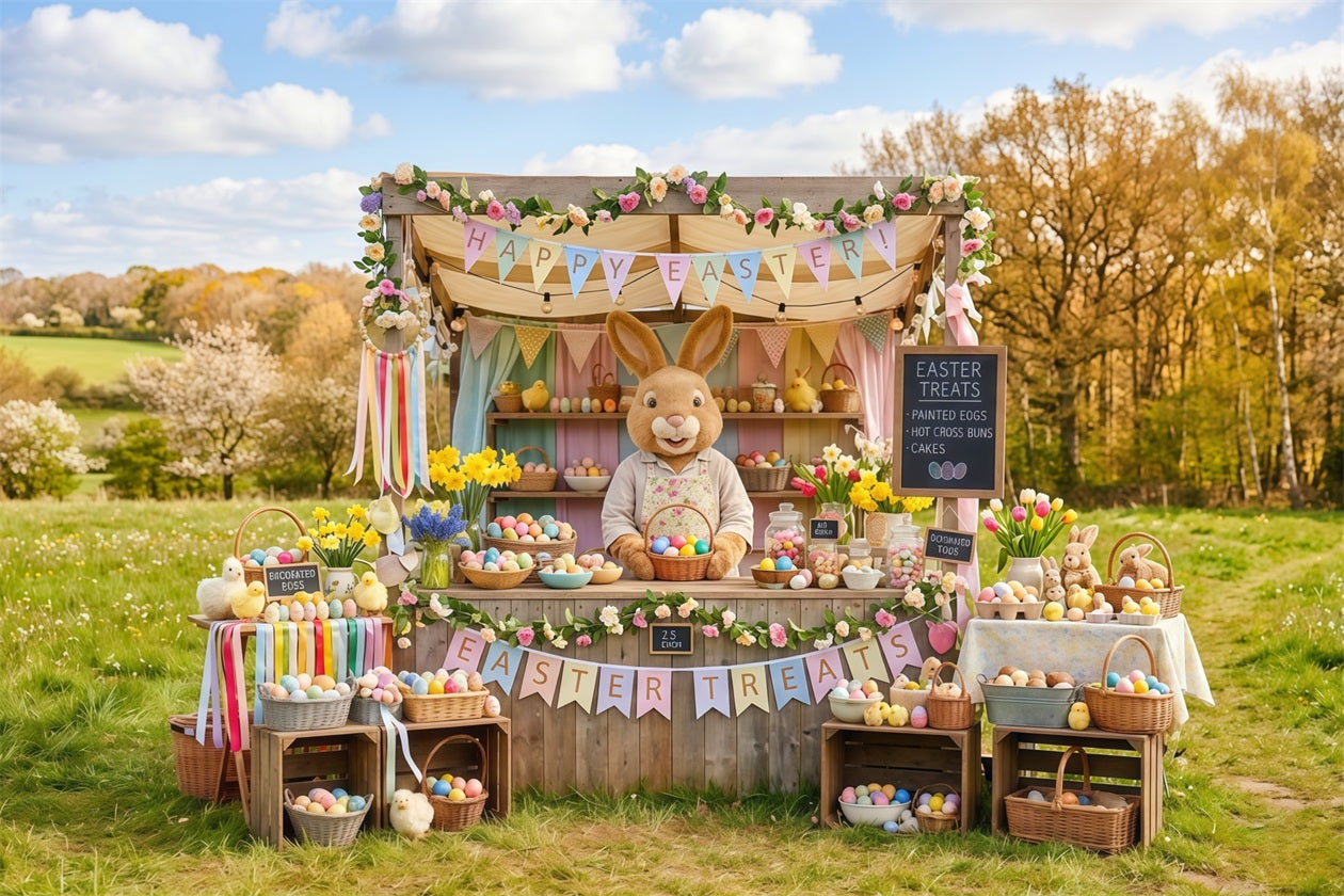 Marshmallow-Küken-Hintergrund Frühlingswiese Hasen-Eierstand Osterhintergrund Foto CSH63-41