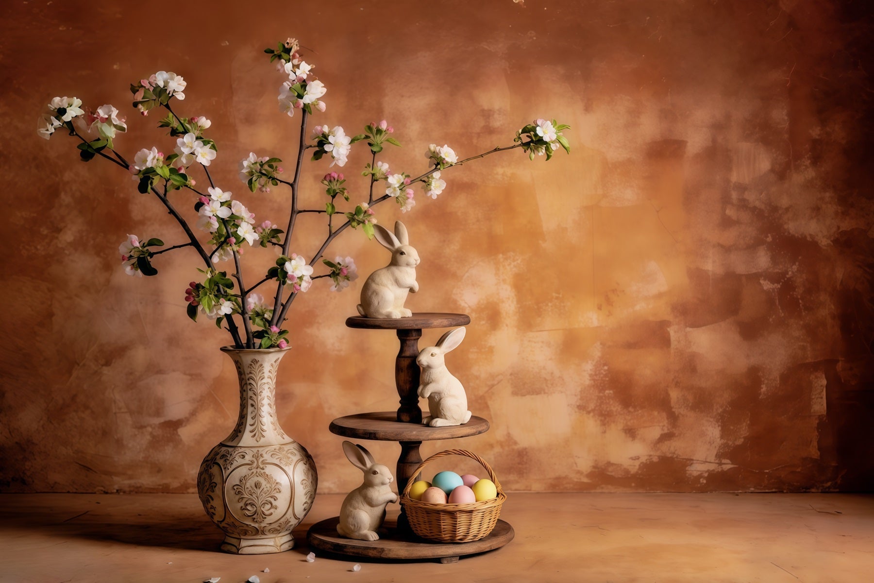 Ostern Vintage Blumenhintergrund Hase Blüten Vase Stillleben Ostern-Hintergrundideen CSH63-46