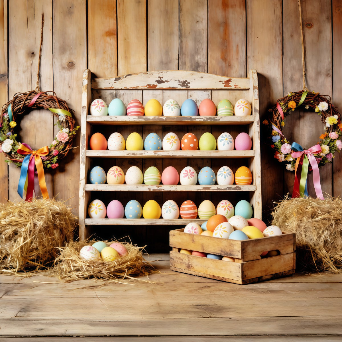 Oster-Scheune-Hintergrund Bauernhaus Bunte Eier Heu Oster-Hintergründe für die Fotografie CSH63-7