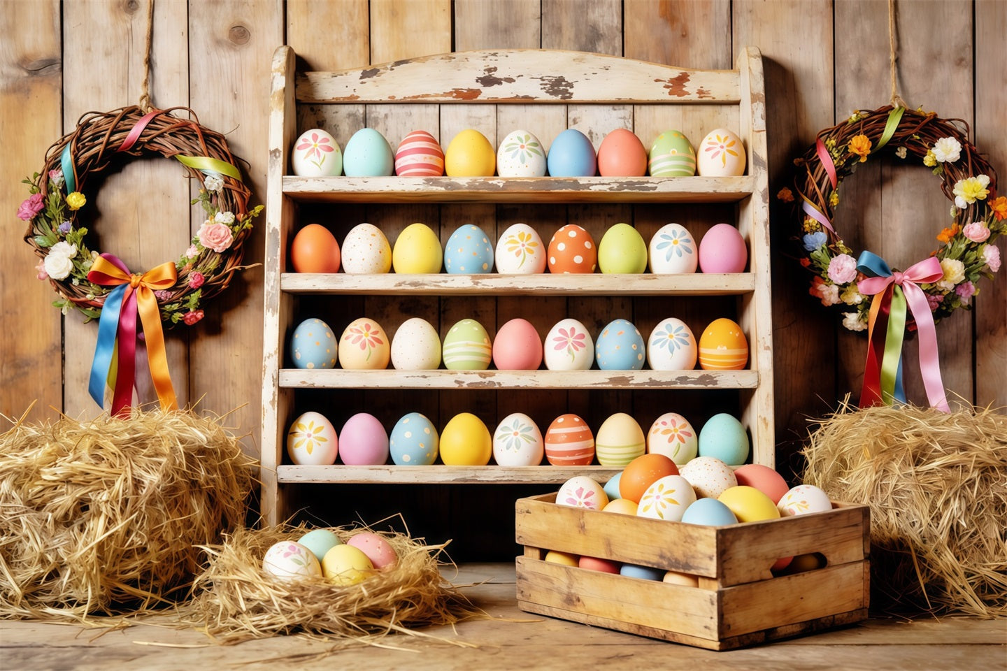 Oster-Scheune-Hintergrund Bauernhaus Bunte Eier Heu Oster-Hintergründe für die Fotografie CSH63-7