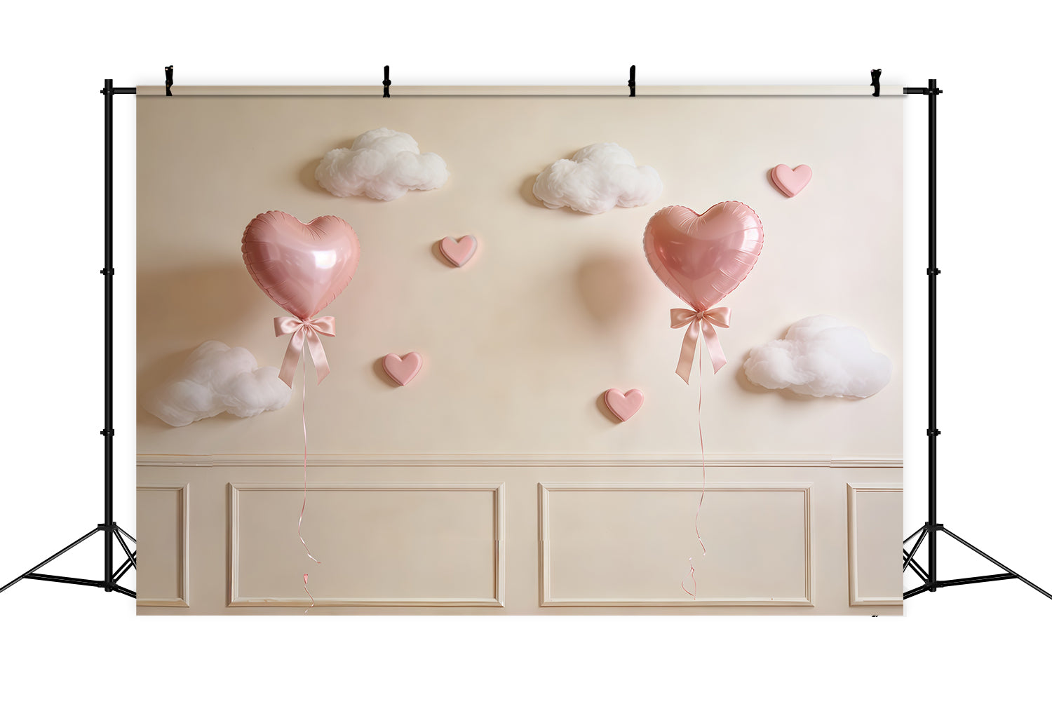 Muttertags-Hintergrund mit Schleife, rosa Herz, Ballon und Wolkenwand CSH63-74