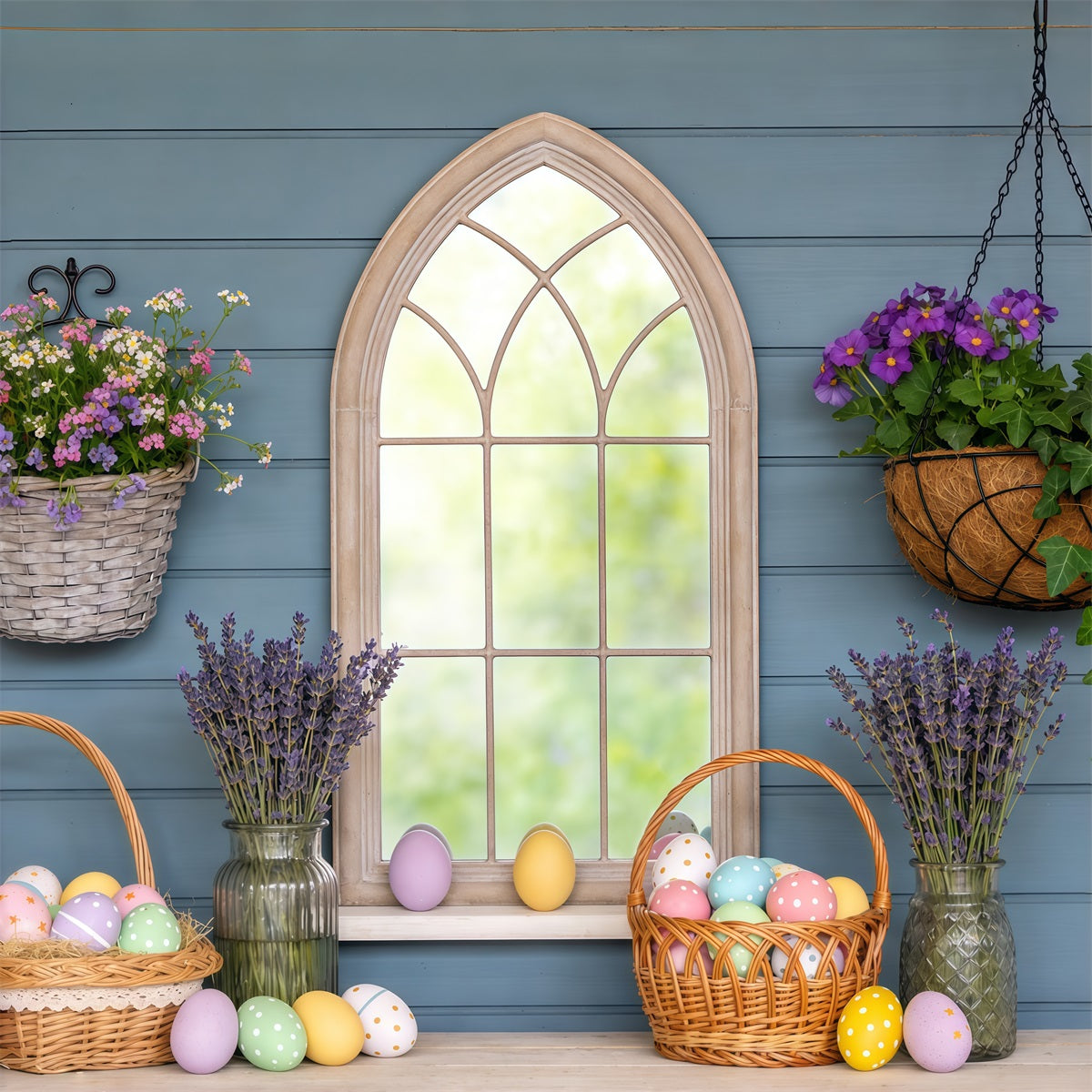 Oster-Fenster Frühlingslicht-Hintergrund Korb Eier Lavendel Oster-Fotografie-Hintergründe CSH63-8