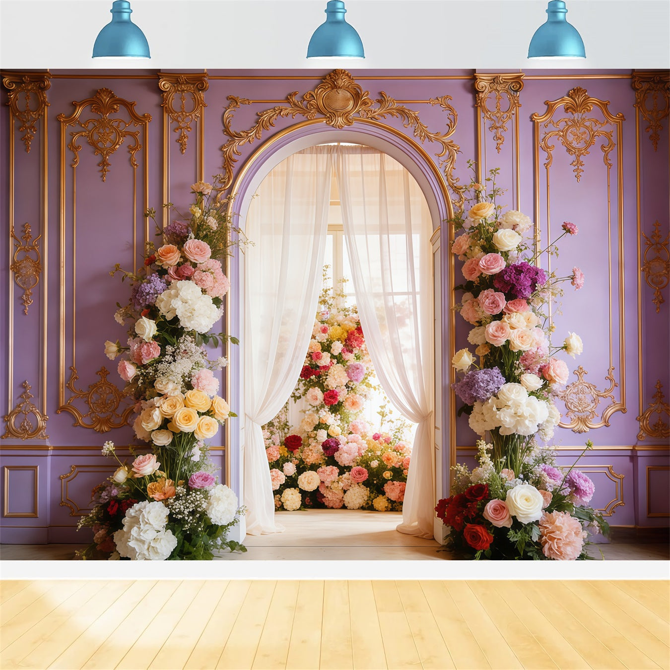 Rokoko-Blumenhintergrund zum Muttertag Lavendelpalast Blütenbogen Fotohintergrund zum Muttertag CSH63-88