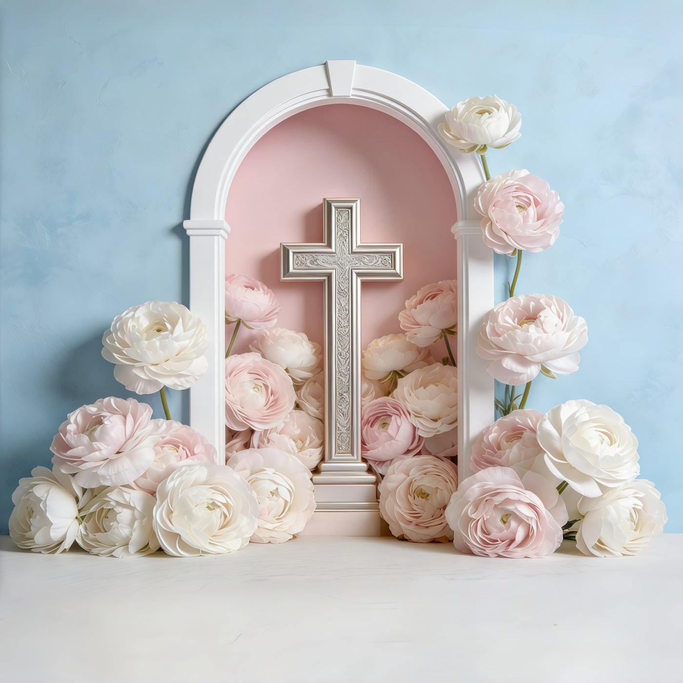 Hintergrundkulisse zum Muttertag für Kirchen, pastellfarbenes Blumenkreuz-Bogen-Design, Muttertag CSH63-92