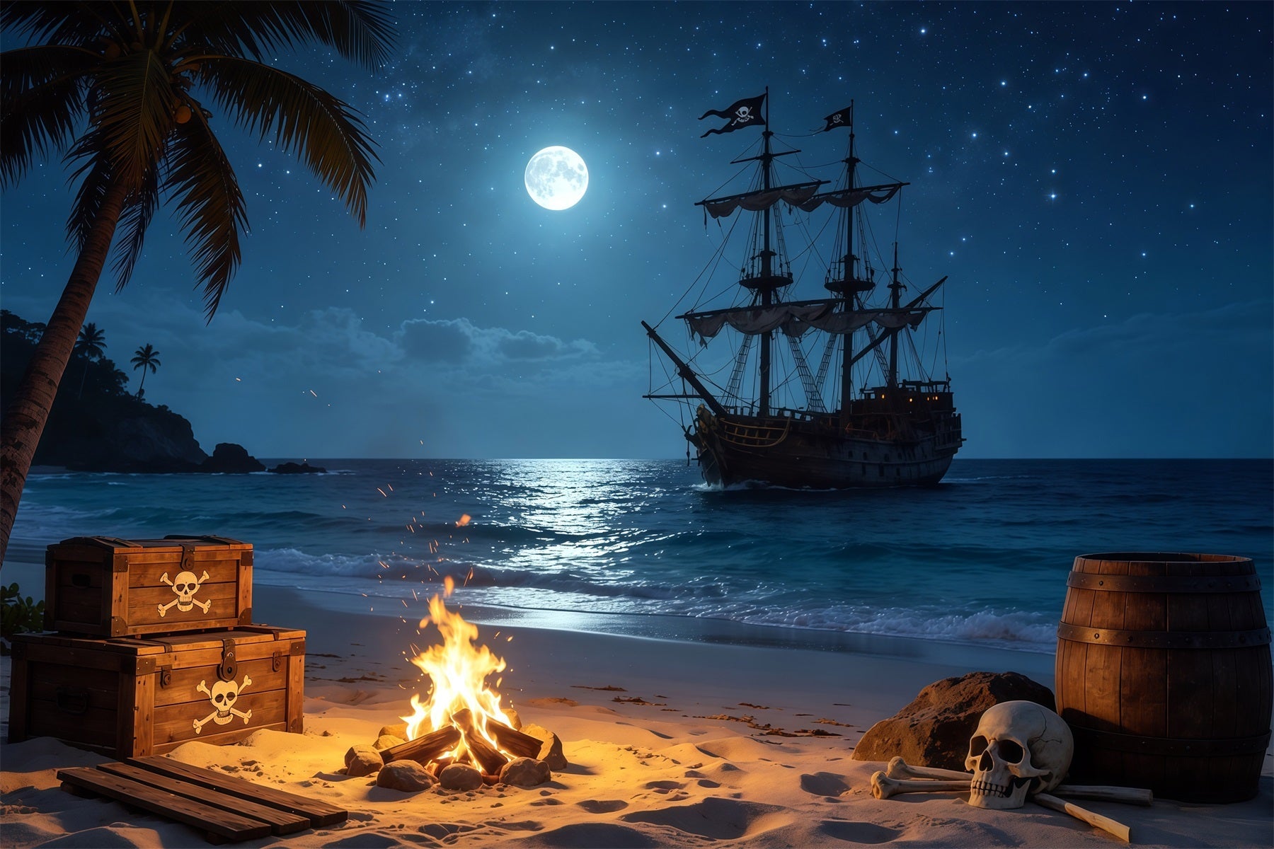 Karibische Kulisse, tropischer Piratenstrand, Lagerfeuer, Schatz, Sommerkulissen CSH64-79