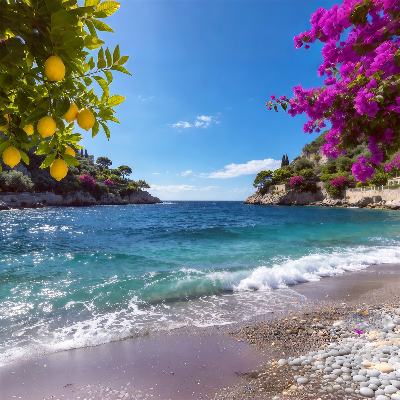 Amalfi-Küste, Zitronenblüte, Küstenblaue Bucht, Sommerfotohintergrund CSH64-80