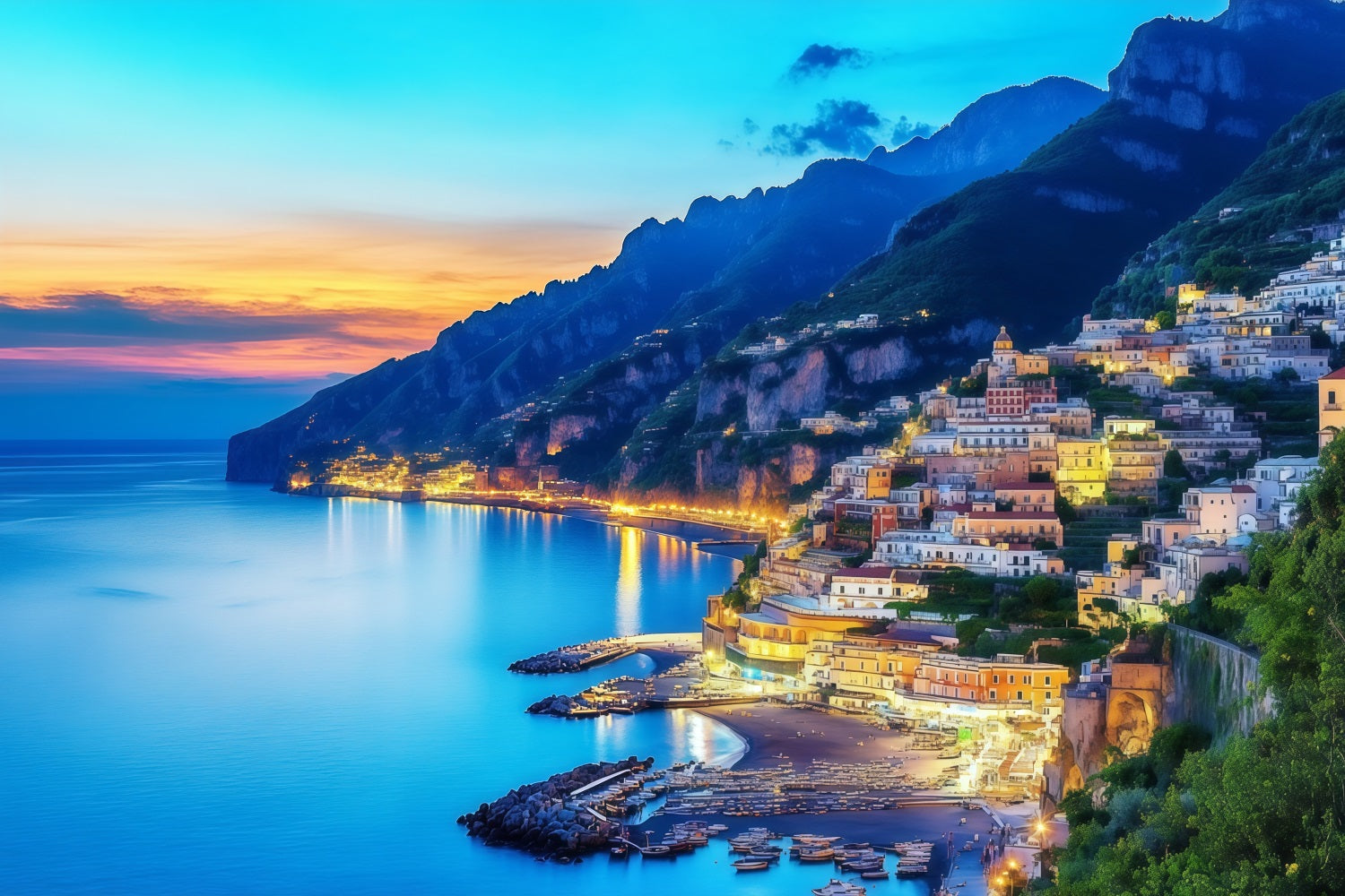 Amalfi-Küste, Positano-Küste, Dorf bei Sonnenuntergang, Sommer-Fotohintergründe CSH64-82