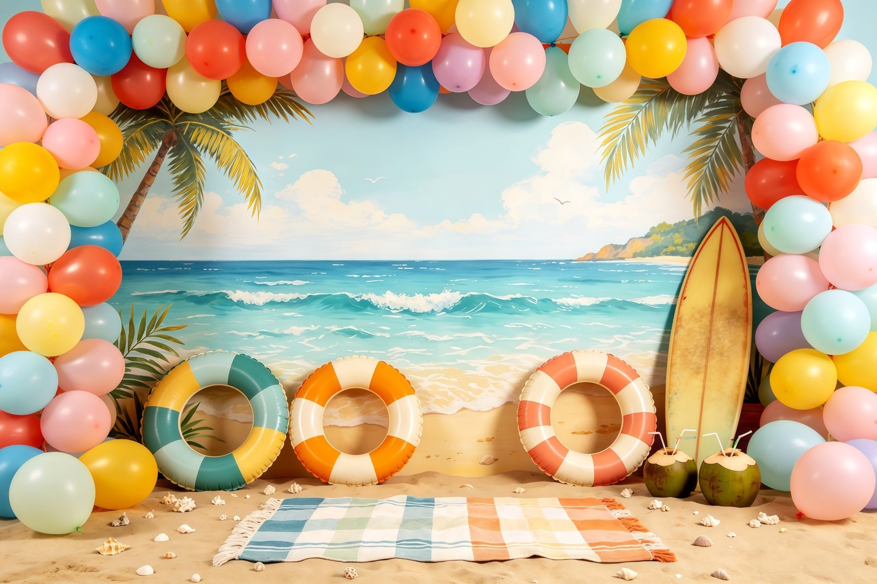 Strandkulisse, pastellfarbener Ballonbogen, Surfbrett, Sommerkulissen-Ideen CSH64-84