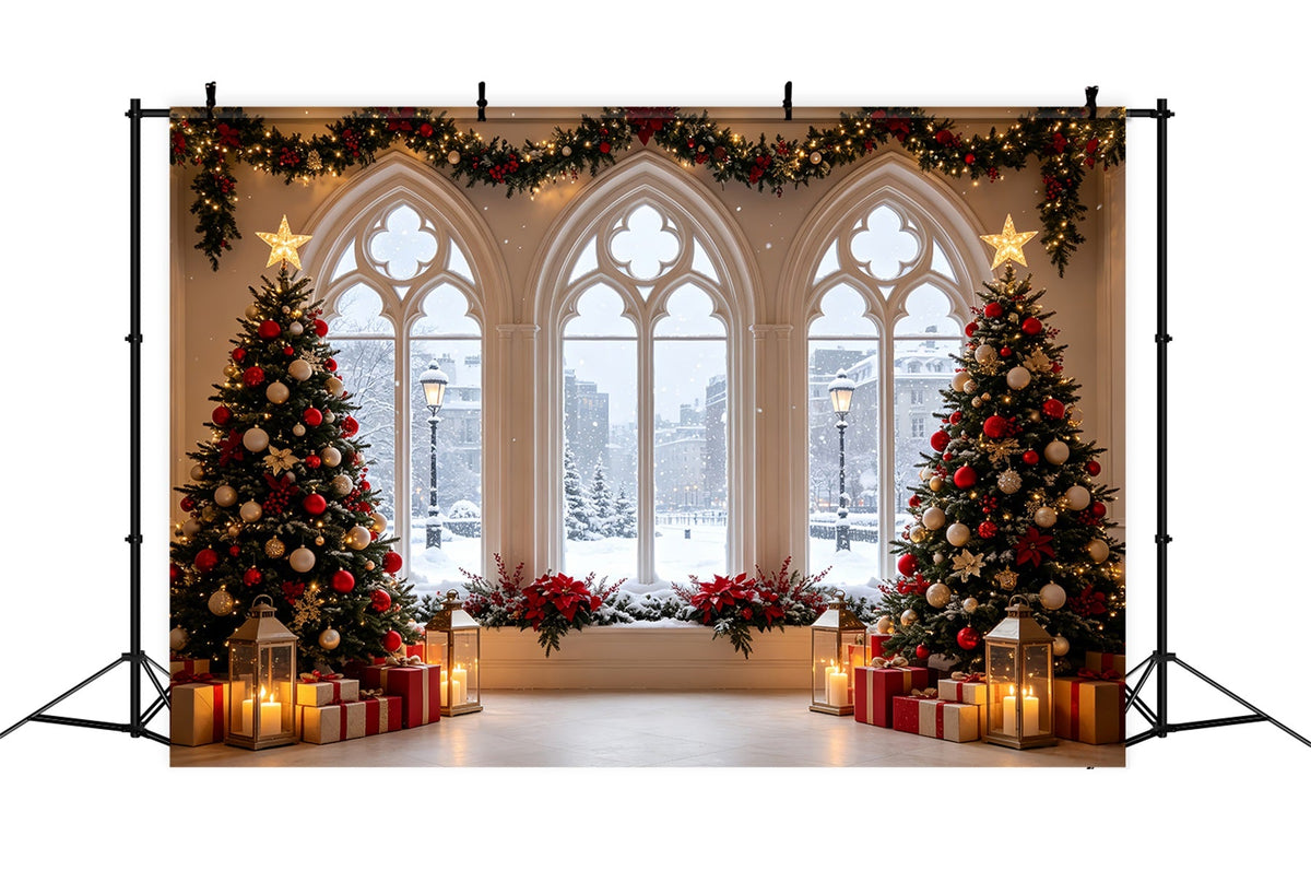 Weihnachtsfenster-Hintergrund Schneebedeckte Gotische Fensterbäume Große Weihnachtskulissen CSH68-61